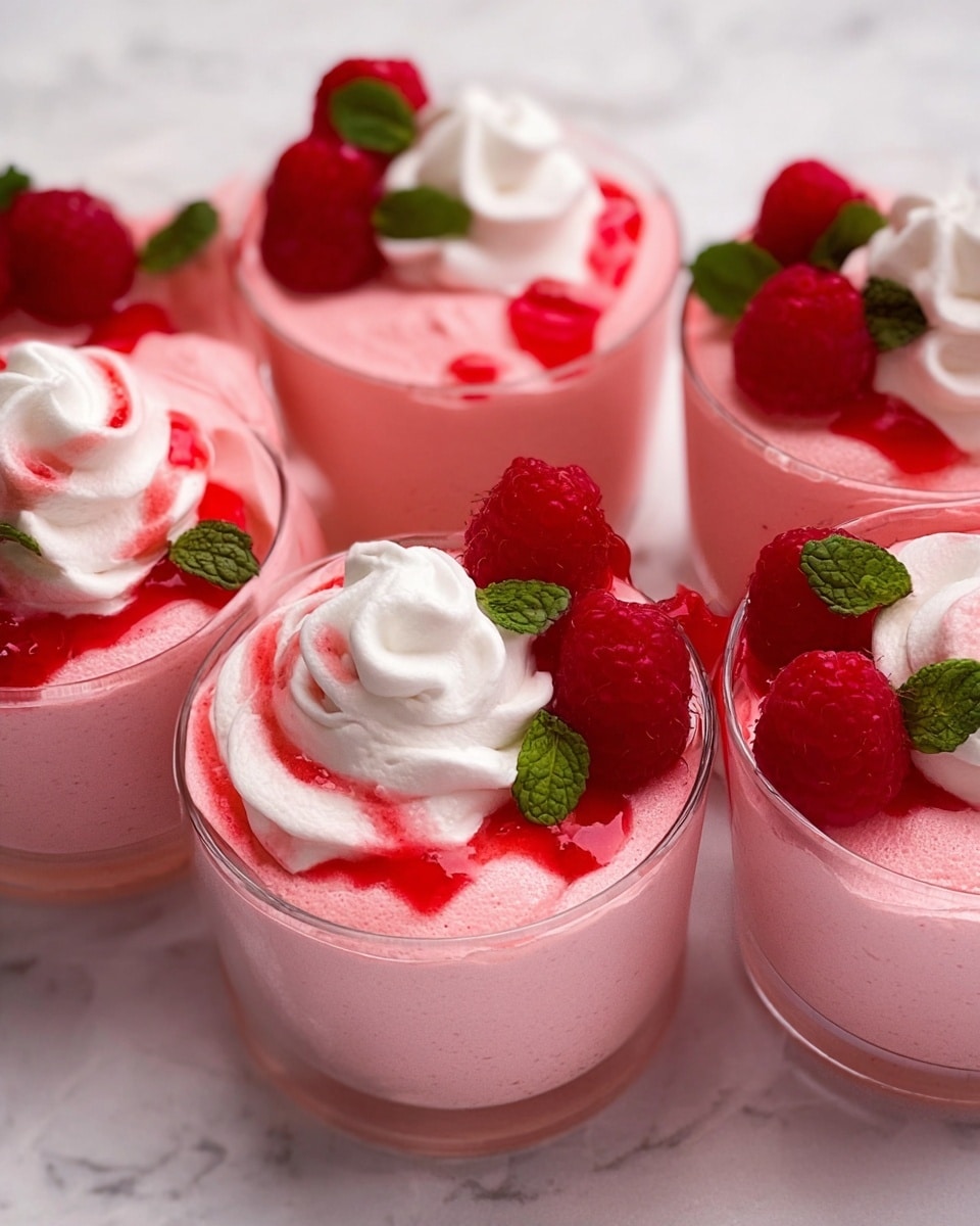 Five clear glass cups hold a pink mousse with a smooth, soft texture, each cup topped with a swirl of white cream placed near the center. Bright red raspberry sauce drizzles over each swirl, adding a glossy contrast. Fresh red raspberries and small green mint leaves are grouped next to the cream swirl on each cup, creating a fresh and colorful look. The cups are arranged close together on a white marbled surface. photo taken with an iphone --ar 4:5 --v 7