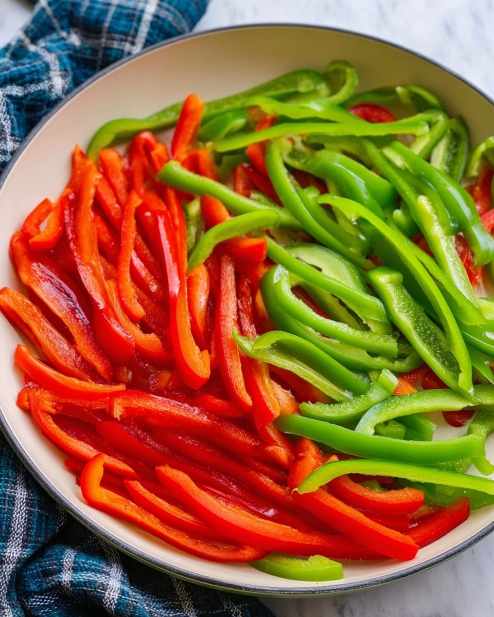A white skillet filled with two layers of sliced bell peppers, with the first layer mostly bright green strips spread across the bottom and the second layer mostly vivid red strips scattered evenly over the green, both looking shiny and fresh with smooth textures. The skillet sits on a white marbled surface, and a blue and white plaid cloth is partially visible in the background. The image is sharp and colorful, focusing closely on the vibrant vegetables. photo taken with an iphone --ar 4:5 --v 7