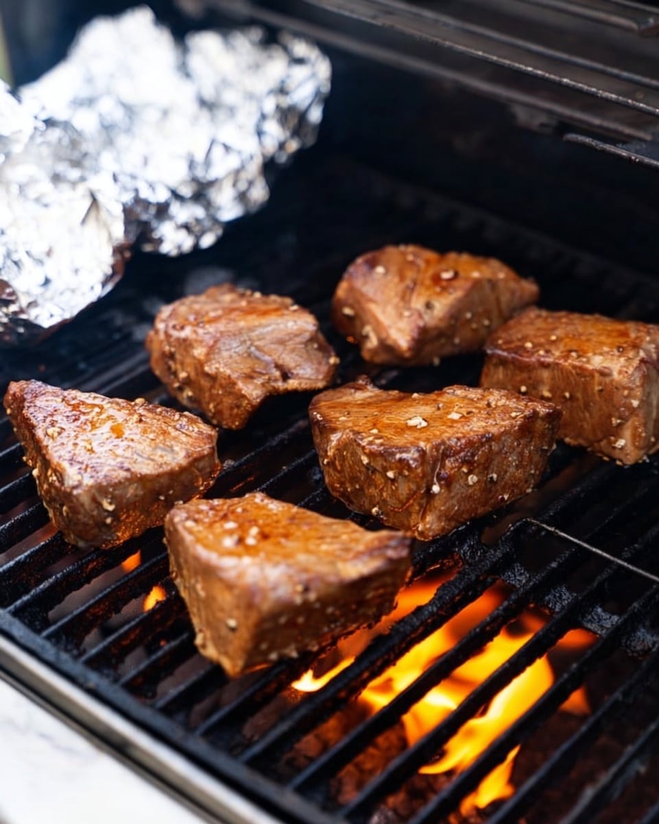 Several thick, brown pieces of marinated meat are placed evenly on a black grill grate with visible ridges. The meat has a slightly shiny texture with small specks of seasoning and light caramelized areas. Below the grill grates, there is a warm orange flame glowing, adding heat to the cooking process. To the right side of the grill, there is a section covered with crumpled aluminum foil. The setting is outdoors, but the background is changed to a white marbled texture. photo taken with an iphone --ar 4:5 --v 7