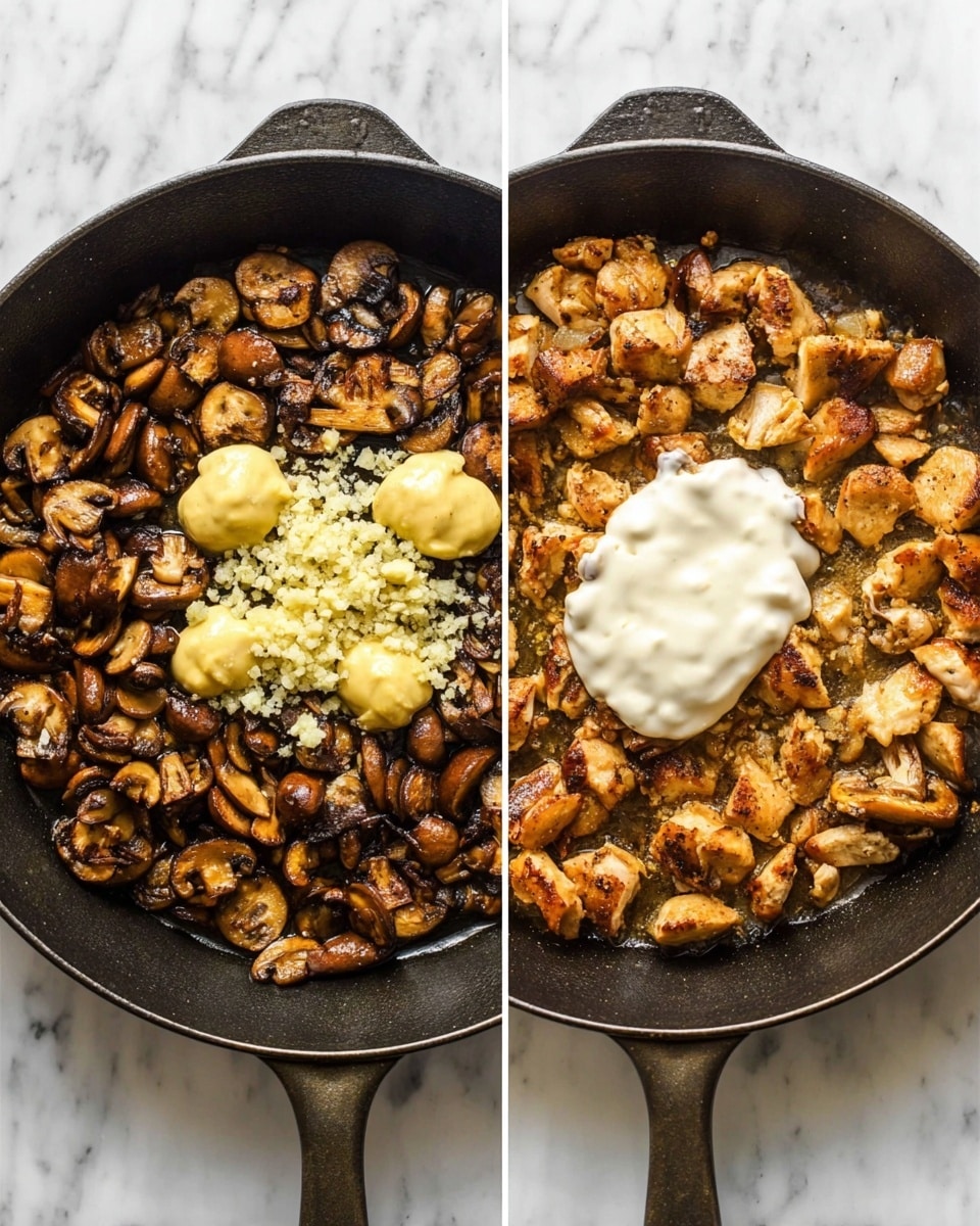 Two images side by side show a dark gray cast iron pan on a white marbled surface. The left image has three layers: the bottom layer consists of cooked brown sliced mushrooms covering the whole pan, the middle layer is a small pile of finely chopped garlic placed in the center, and the top layer is three dollops of pale yellow mustard on top of the garlic. The right image has two layers: the bottom layer is browned chicken pieces mixed with mushrooms evenly spread across the pan, and the top layer is a large dollop of white creamy sauce placed near the center. Photo taken with an iphone --ar 4:5 --v 7