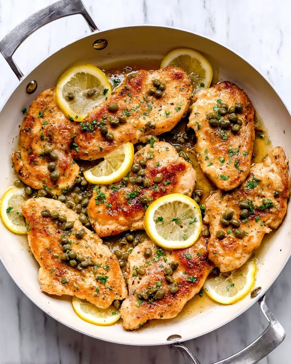 A white frying pan filled with eight pieces of golden-brown cooked chicken arranged in a slightly overlapping pattern. The chicken pieces have a light crisp texture with small green capers scattered evenly on top. Thin, bright yellow lemon slices are placed both under and around the chicken, adding a pop of color. The pan sits on a white marbled surface. photo taken with an iphone --ar 4:5 --v 7