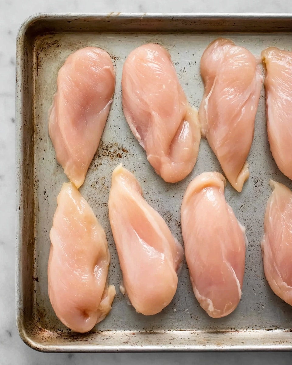 Several raw chicken fillets are spread out evenly on a metal baking tray. Each fillet is pale pink with a smooth, slightly shiny surface, showing natural texture and curves of the meat. The tray has a light worn look with some small dark spots and scratches. The scene is simple with no extra items around, and the metal tray is set against a white marbled texture background. Photo taken with an iphone --ar 4:5 --v 7