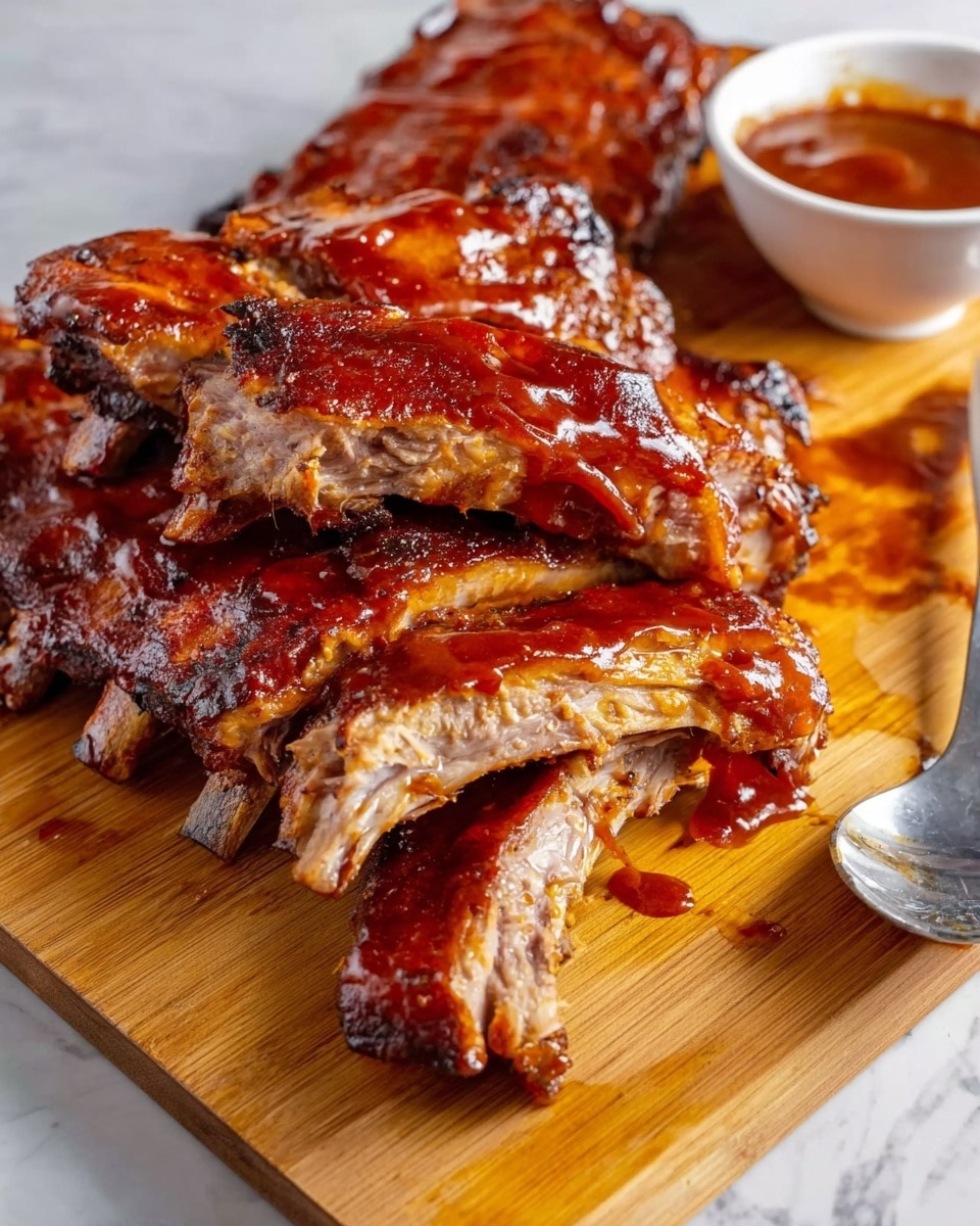 The image shows a wooden cutting board with a stack of glazed ribs covered in a thick, shiny, reddish-brown barbecue sauce. The ribs have a crispy, darkened edge with tender-looking meat inside. In the front center, there is a rib separated from the stack, showing the juicy, soft texture inside with sauce dripped over it. To the right, a metal spoon with sauce rests on the board, and in the back right, a small white bowl filled with barbecue sauce sits on a white marbled surface. The sauce has a smooth, glossy texture and deep red color. photo taken with an iphone --ar 4:5 --v 7