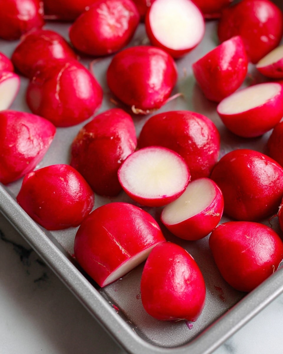 The image shows a tray filled with whole radishes that are cut in half and placed with the bright red skins facing up and the white inner part facing down on the tray. The radishes are arranged loosely in rows, with a shiny, smooth, and slightly moist texture visible on the red skins. The tray underneath is metallic with a soft gray tone, and the background has a white marbled texture. photo taken with an iphone --ar 4:5 --v 7