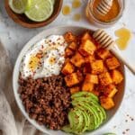 Hot Honey Beef Bowls with Roasted Sweet Potatoes, Avocado, and Cottage Cheese Recipe