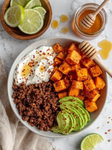 Hot Honey Beef Bowls with Roasted Sweet Potatoes, Avocado, and Cottage Cheese Recipe