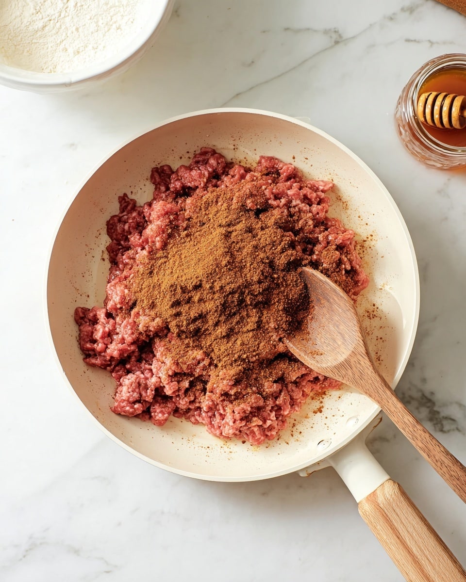 A white pan with a light wooden handle sits on a white marbled surface, filled with raw ground meat forming a thick, uneven layer at the bottom. On top of the meat is a loose layer of reddish-brown powdery seasoning that spreads in the center. A wooden spoon with a brown grain texture rests inside the pan, partly covered by the seasoning and meat. In the top left corner, part of a white bowl with a soft white ingredient is visible, while in the bottom right corner, a glass jar with honey and a honey dipper creates a subtle warm brown tone. Photo taken with an iphone --ar 4:5 --v 7