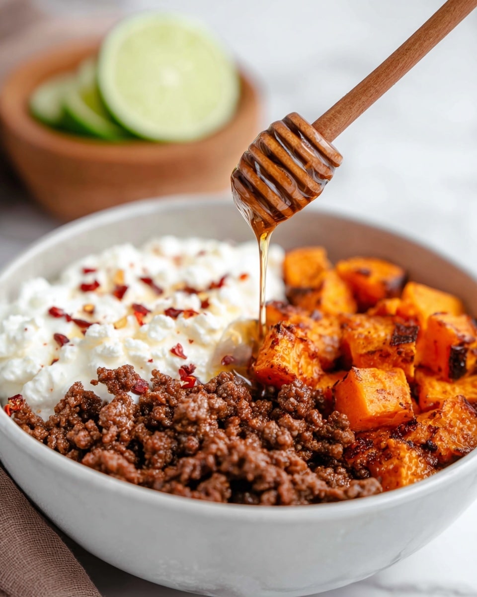 The image shows a white bowl filled with three main layers: on the left, there is creamy white cottage cheese topped with small red chili flakes; next to it, on the right, there are orange-brown cubes of roasted sweet potatoes with a slightly crispy texture; in the front part of the bowl, there is a layer of cooked ground beef with a rich brown color and some gloss from the juices. Above the cottage cheese, honey is being drizzled from a wooden honey dipper. The background is a white marbled surface, and there is a blurred wooden bowl with lime slices in the back. Photo taken with an iphone --ar 4:5 --v 7