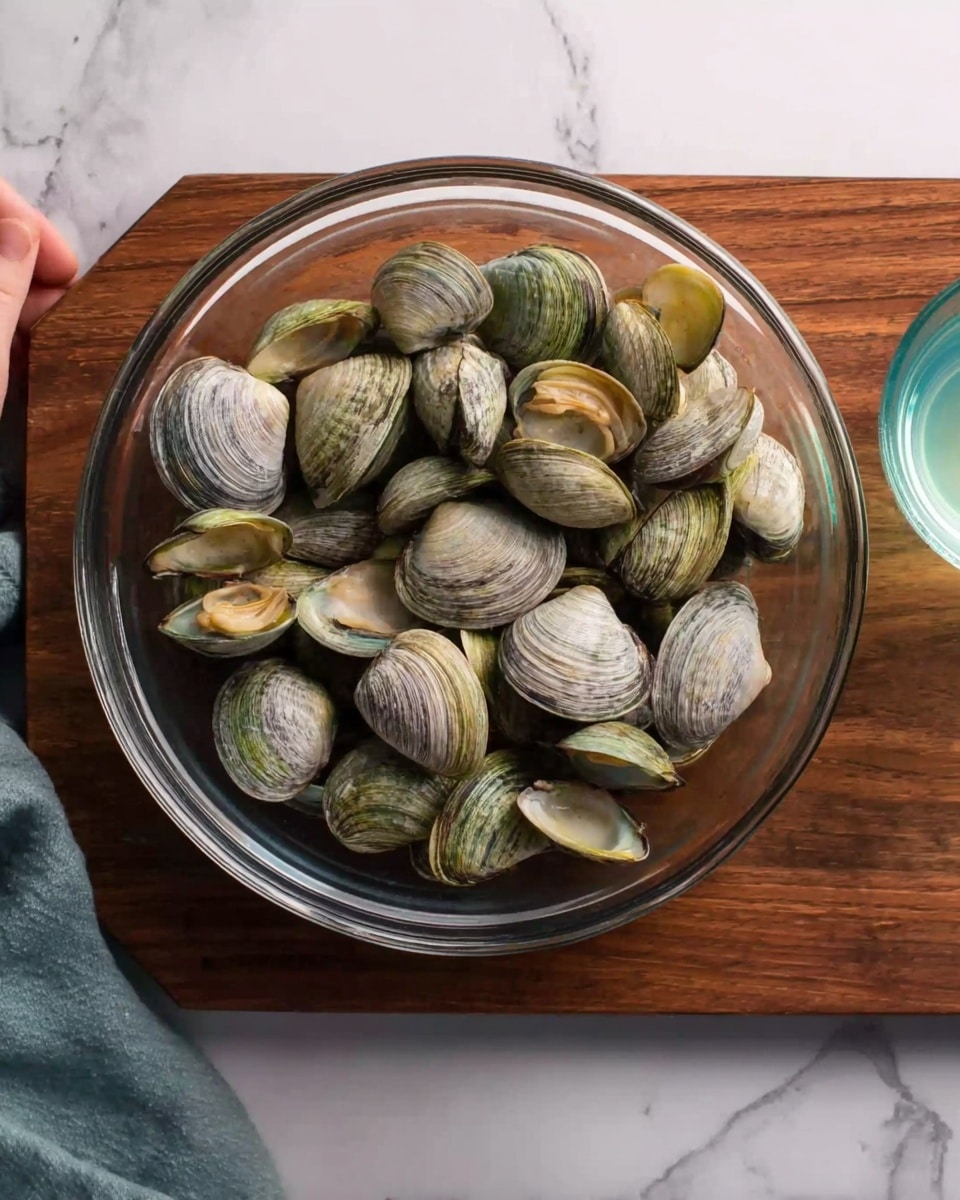 A clear glass bowl filled with many clams, each shell showing different shades of gray, white, and green, arranged closely together. The bowl sits on a brown wooden board, and the background is a white marbled texture. Part of a small round container with a light blue liquid is visible on the right side. A woman's hand is holding the bowl from the top right corner. photo taken with an iphone --ar 4:5 --v 7