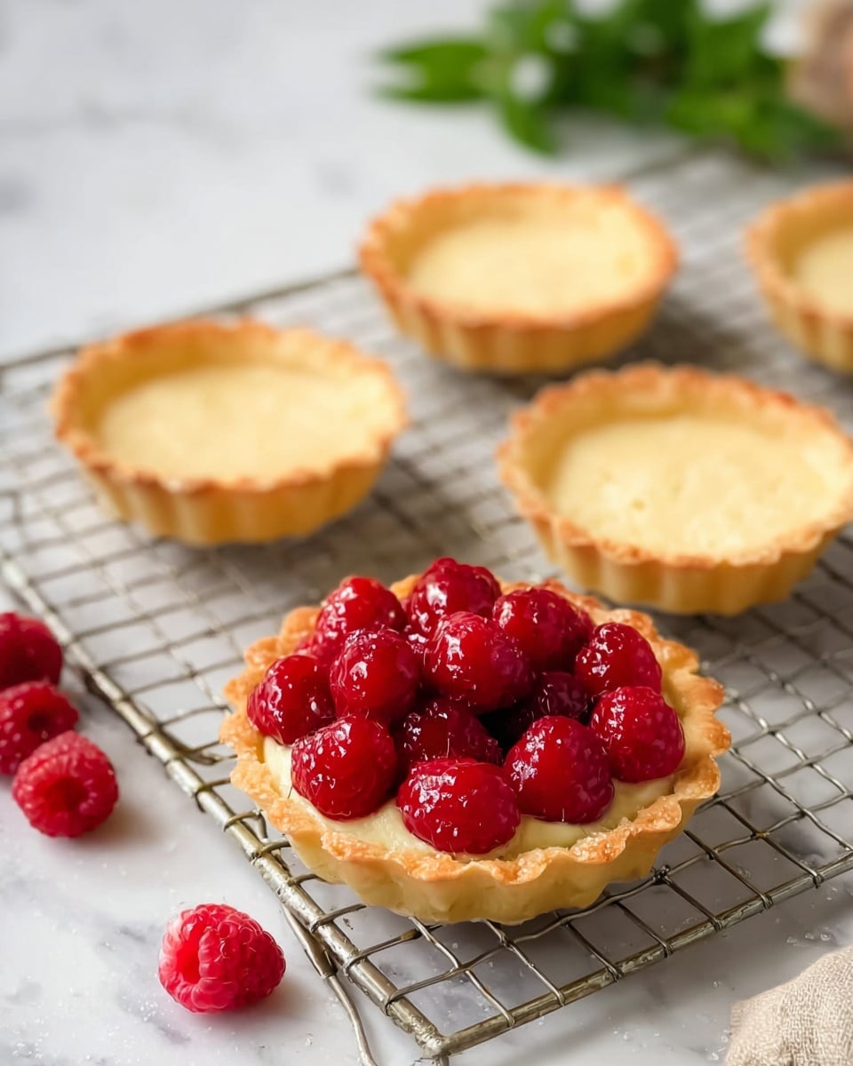 The image shows five small tart shells on a wire rack over a white marbled surface. Four tart shells are empty, light golden in color, with a flaky texture and scalloped edges. The fifth tart shell in the front is filled with a smooth creamy layer topped with many bright red raspberries that have a shiny glaze, making them look fresh and juicy. A few loose raspberries lie near the filled tart, and a small bunch of green leaves is blurred in the background. Photo taken with an iphone --ar 4:5 --v 7
