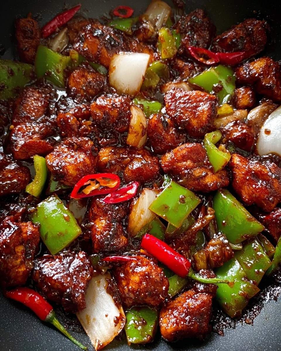 The image shows a close-up of cooked pieces of dark brown glazed meat mixed with bright green bell pepper chunks and translucent white onion slices. Small red chili slices add pops of color among the glossy, slightly charred meat. The texture looks sticky and rich with seasoning specks scattered throughout. The food sits on a white marbled surface, making the colors of the dish stand out vividly. photo taken with an iphone --ar 4:5 --v 7