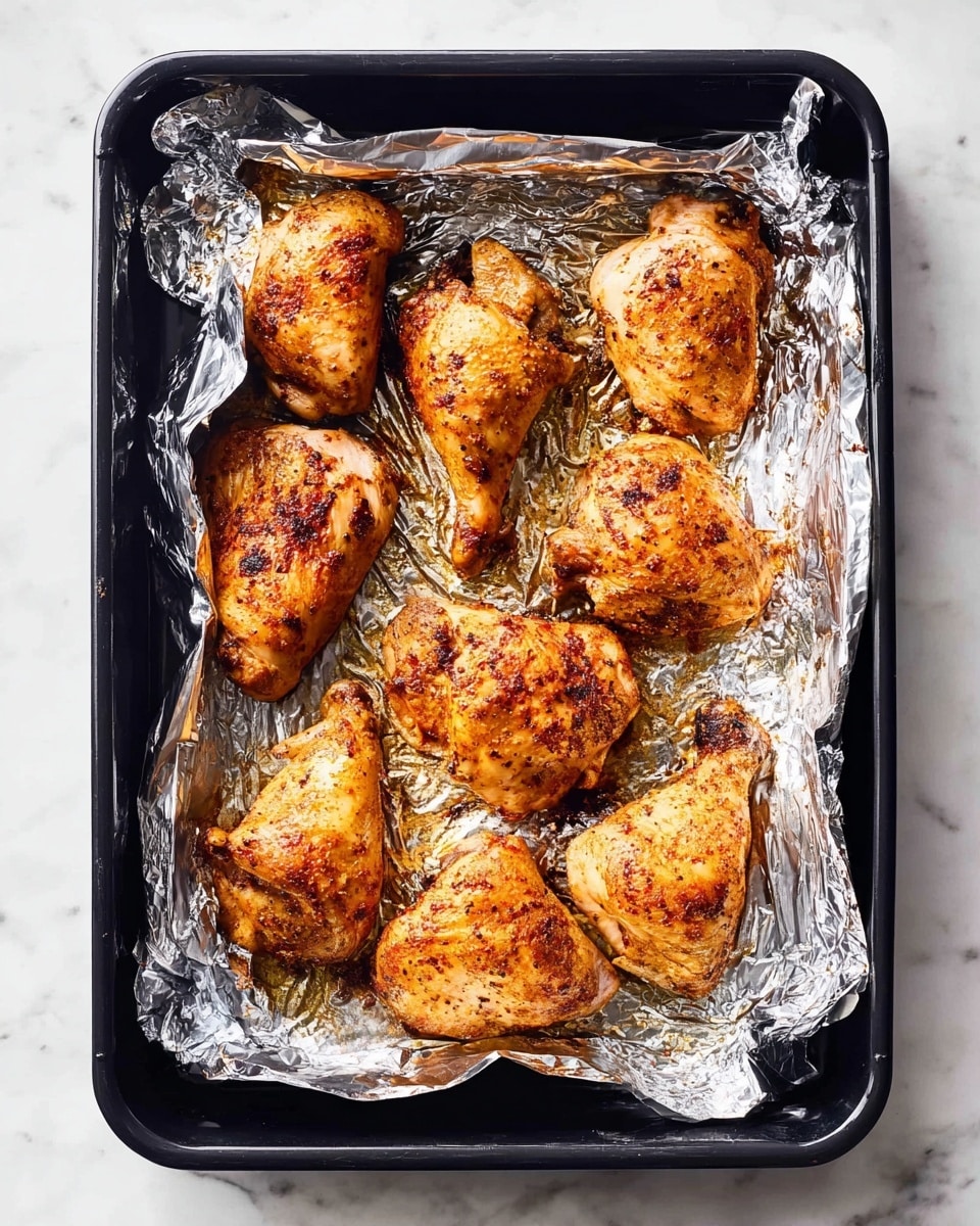 A black baking tray lined with crinkled silver foil holds seven seasoned cooked pieces of chicken with golden brown skin, each piece showing a mix of light browned and slightly darker spots, all arranged in loose rows with some space between them. The tray rests on a white marbled surface. Photo taken with an iphone --ar 4:5 --v 7
