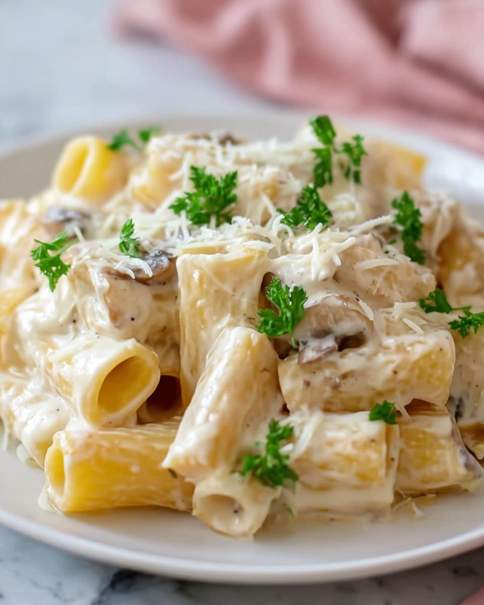 The image shows a close-up of a white plate filled with creamy pasta. The pasta is rigatoni, coated in a smooth, white sauce with visible small pieces of mushroom mixed throughout. On top of the pasta are small green parsley leaves scattered for garnish and light grated cheese that adds a textured layer of white specks. The plate sits on a white marbled surface, and the background is softly blurred with hints of a pink and white cloth. The overall colors are soft yellows from the pasta, creamy whites from the sauce, and bright greens from the parsley, giving the dish a fresh and rich look. Photo taken with an iphone --ar 4:5 --v 7
