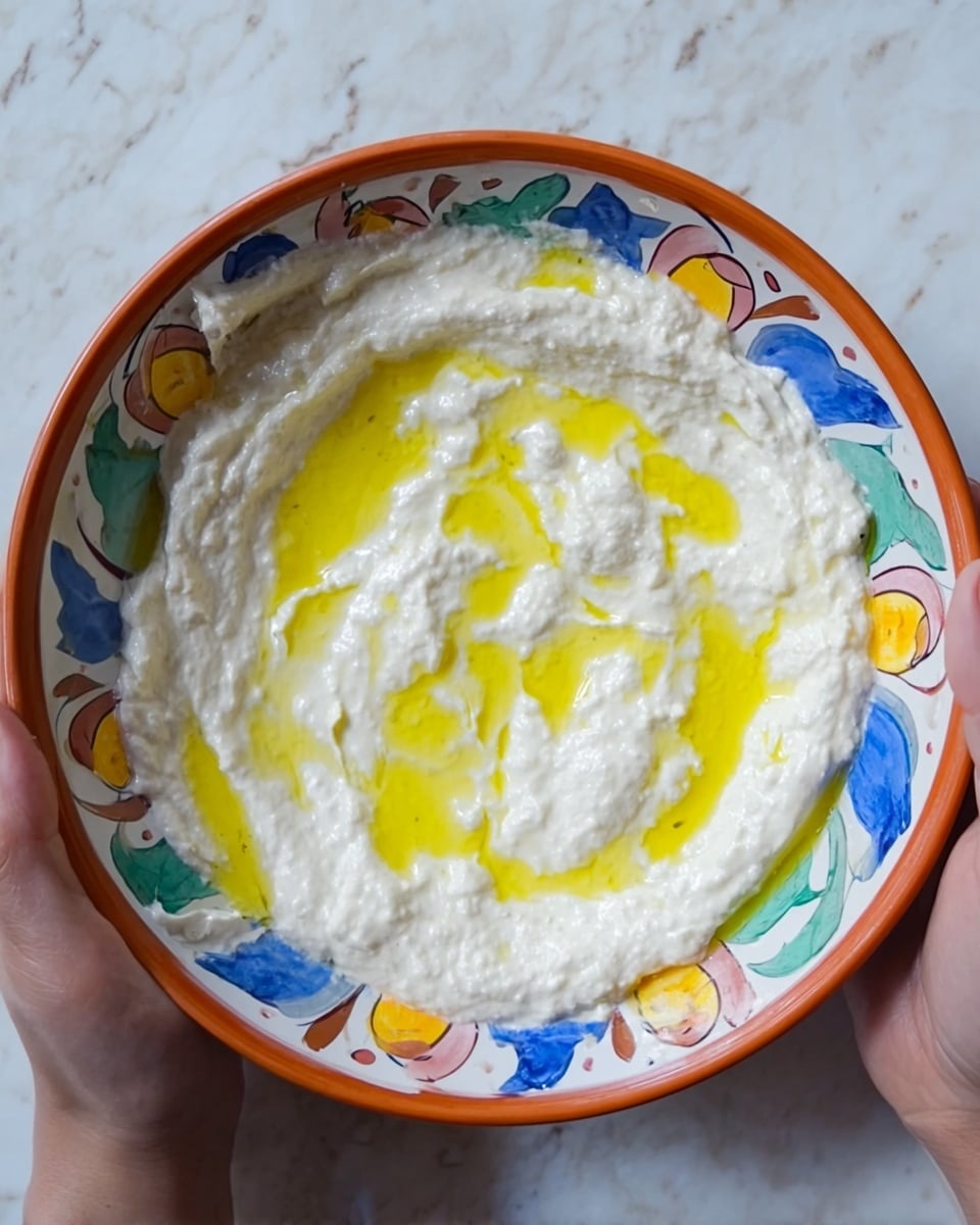 A bowl with a colorful pattern on the rim holds a thick, creamy white dip that spreads unevenly inside, showing a slightly bumpy texture. Bright yellow oil is drizzled over the dip in irregular patches, sitting on top and making the surface gleam. The bowl is held by a woman's hands on both sides, placed on a white marbled surface. photo taken with an iphone --ar 4:5 --v 7