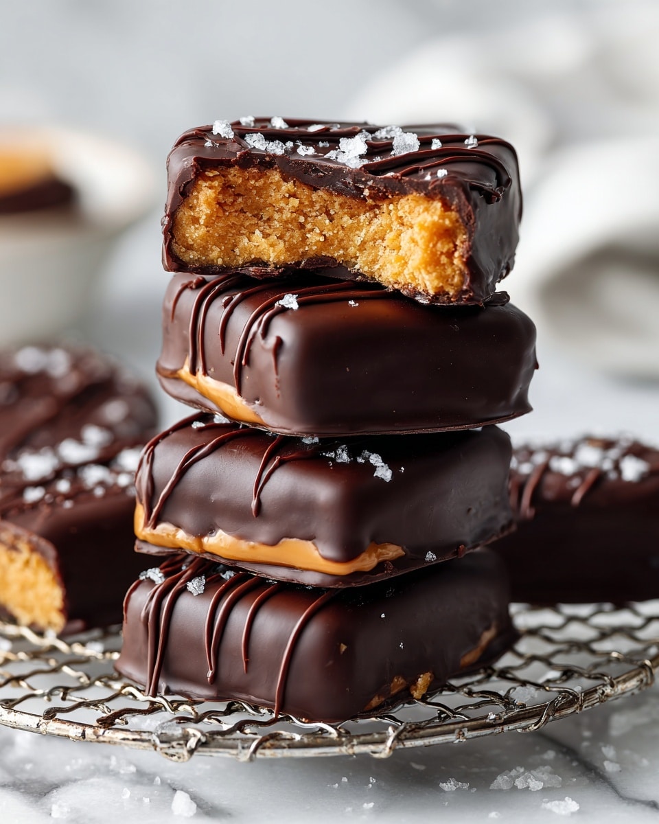 Seven chocolate-covered, round and slightly oval treats sit on a silver wire cooling rack over a white marbled surface. Each treat has a smooth, shiny dark chocolate coating with a slightly textured drizzle of more chocolate on top, and they are sprinkled with coarse sea salt flakes. To the right, a small white wooden bowl filled with flaky salt and a vintage silver spoon with a dollop of creamy golden peanut butter rest on the white marbled surface. A white cloth with a black grid pattern is partially visible in the bottom left corner. Photo taken with an iphone --ar 4:5 --v 7