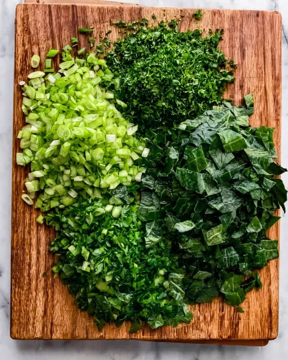 The image shows a wooden cutting board on a white marbled surface, with four groups of chopped green vegetables arranged in separate sections. The top left section has finely chopped herbs in a bright green color with a soft texture. Below that, on the bottom left, there are smaller pieces of light green onions with a crisp texture. To the right, in the top center-right, there are medium-sized pieces of dark green leafy vegetables with a smooth texture. Finally, at the bottom right, there are larger, coarsely chopped deep green leaves with a slightly rough texture. photo taken with an iphone --ar 4:5 --v 7