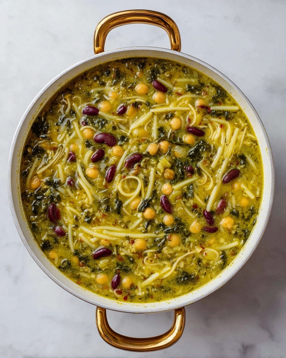 A top view of a white pot with gold handles filled with a thick greenish-yellow soup. The soup has three main visible elements: short yellow chickpeas, dark red kidney beans, and light yellow pasta noodles spread evenly throughout. Dark green leafy bits are mixed in, adding texture and color contrast. The soup looks creamy with small lumps and a slightly glossy surface, placed on a white marbled texture. photo taken with an iphone --ar 4:5 --v 7