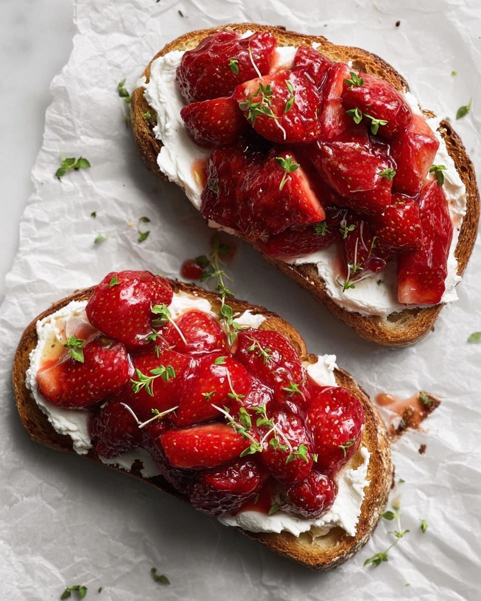 Two slices of toasted bread are topped with a thick layer of white creamy spread. On top, there is a generous pile of bright red strawberries covered in syrup, adding shine and a soft texture. Small green herb leaves are scattered on the strawberries and around the toast, giving a fresh look. The toast sits on crinkled white parchment paper over a white marbled surface. photo taken with an iphone --ar 4:5 --v 7