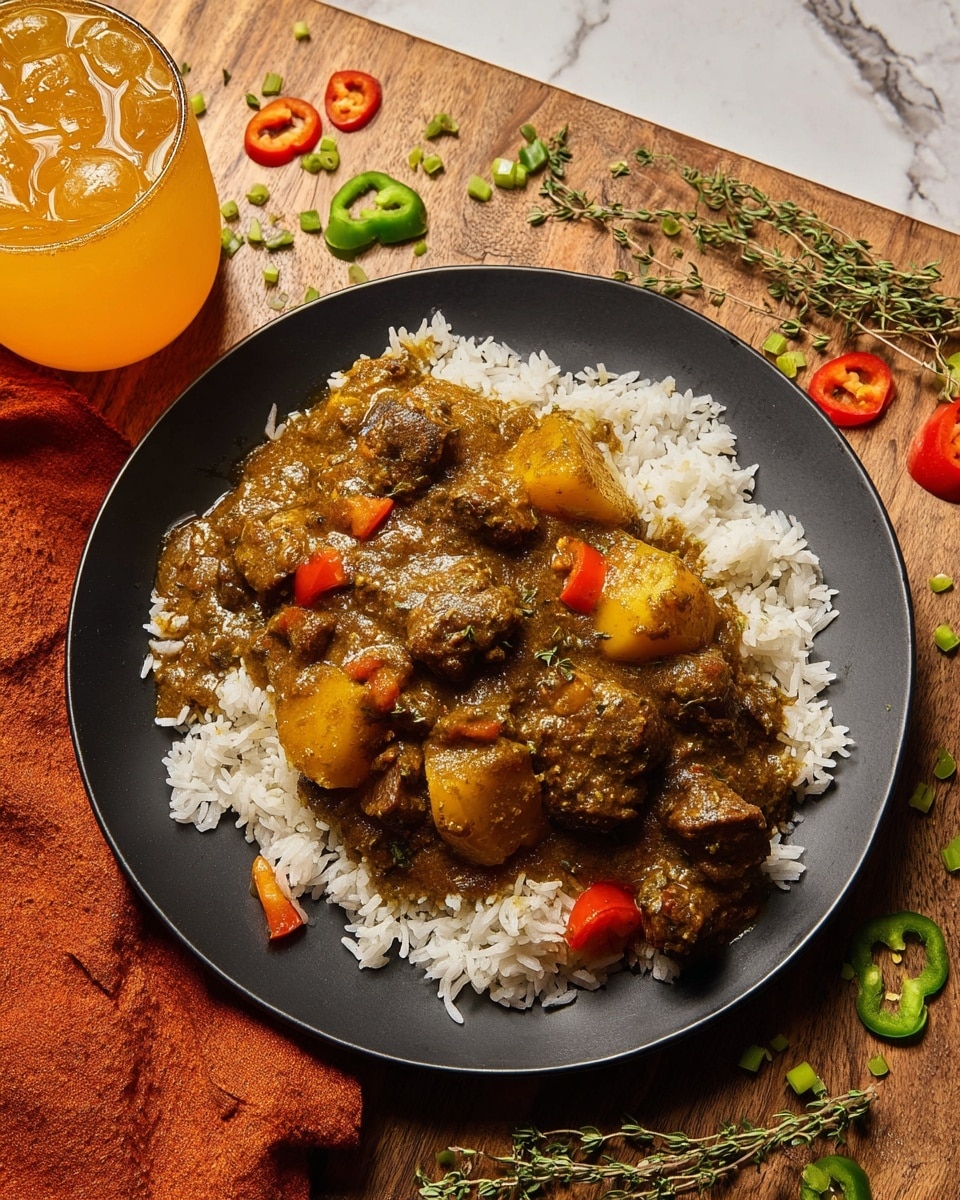 A black plate holds a bed of white rice as the base layer, topped with a thick, dark green-brown stew. The stew contains chunks of brown meat and yellowish potatoes, mixed with small red and orange vegetable pieces, all covered in a textured, herb-filled sauce. The plate is placed on a wooden surface with scattered green and red peppers, chopped green onions, and thyme sprigs. A glass of orange drink with ice sits near the top left corner, and an orange fabric napkin with some thyme sprigs is visible at the bottom edge. The surface is changed to a white marbled texture. Photo taken with an iphone --ar 4:5 --v 7