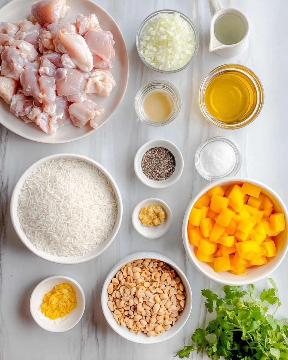 The image shows various ingredients placed on a white marbled surface. At the top left, there is a white plate filled with raw chicken pieces that are light pink with some white fat. Below it, a white bowl holds finely chopped white onions. Next to it, another white bowl is filled with white uncooked rice grains. At the bottom right, a white bowl contains bright yellow diced bell peppers. To the right, a small white bowl is filled with crushed peanuts. Above it, a small jar contains clear golden liquid, likely oil. Near the top center, a small white cup holds a mix of black pepper and white salt. To its right, another small white bowl contains finely chopped yellow ginger. Below that, a small white bowl holds minced garlic. In the center, there is a small white cup with a light white liquid, likely coconut milk. A bunch of fresh green cilantro is partially visible at the bottom right corner. The overall look is clean and organized, with each ingredient bright and clearly visible. Photo taken with an iphone --ar 4:5 --v 7