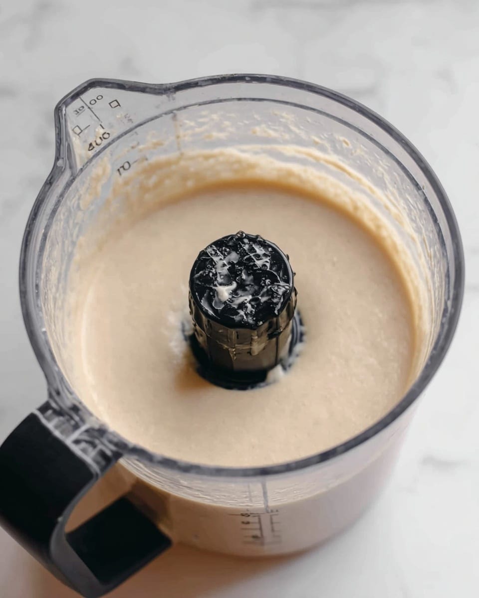 A clear blender container filled with a smooth, creamy pale beige mixture. The container has measurement markings on the side and a black handle. The black blender blade cap is visible in the center, slightly shiny and wet from the mixture. The background shows a white marbled surface. Photo taken with an iphone --ar 4:5 --v 7