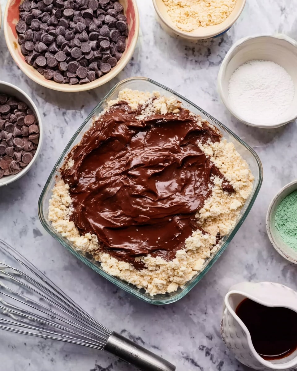 A clear square bowl in the center filled with crushed light-colored crackers as the bottom layer, topped with a smooth, thick layer of dark brown chocolate spread that is unevenly spread. Surrounding the bowl are several small white bowls filled with dark chocolate chips, white powder, fine green powder, and a small white jug of dark red sauce. A silver metal whisk is placed on the white marbled surface next to the bowls. The image is bright and clean with a slightly messy but natural setup. Photo taken with an iphone --ar 4:5 --v 7