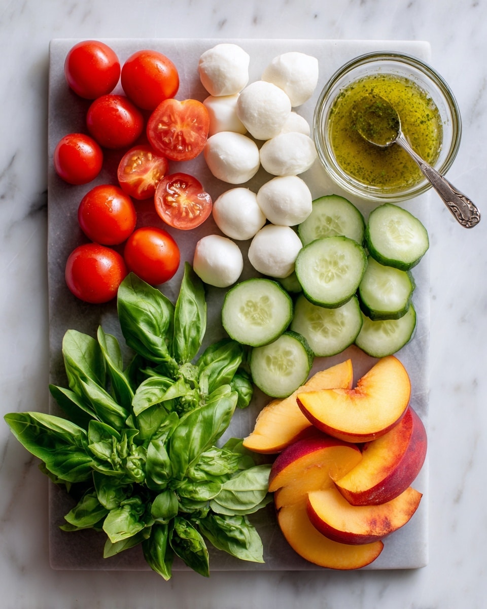 The image shows a flat dark gray board with several groups of fresh ingredients arranged neatly. There are red tomato pieces on the top left, followed by a row of small white mozzarella balls in the top center. Below the tomatoes is a row of green cucumber slices with light seeds inside. Next to the mozzarella balls is a bunch of fresh green basil leaves, and below the basil are the bright orange and red slices of peach. In the top right corner, there is a clear glass cup with greenish-yellow dressing and a metal spoon inside. The whole scene is on a white marbled surface. Photo taken with an iphone --ar 4:5 --v 7