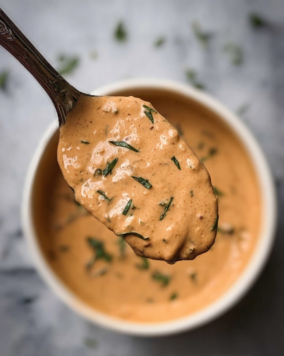 A close-up image shows a spoon holding a thick, creamy sauce with a smooth brown color mixed with tiny bits, garnished with small green herbs. In the blurred background, the sauce is in a white bowl, with a few scattered green herbs visible on the surface. The scene is set on a white marbled texture. photo taken with an iphone --ar 4:5 --v 7