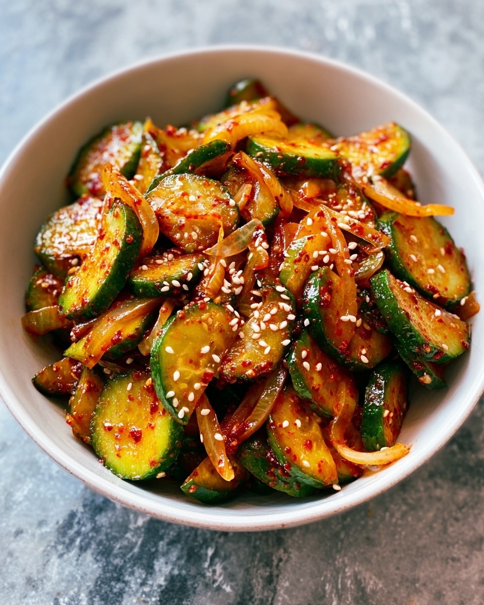 A white bowl is full of mixed sliced cucumbers and thin onion slices, all covered in a shiny red-orange spicy sauce. The cucumbers show a green skin with pale green inside, while the onions are light brown and soft. White sesame seeds are sprinkled all over the top, adding small dots of white. The bowl is placed on a white marbled texture. Photo taken with an iphone --ar 4:5 --v 7