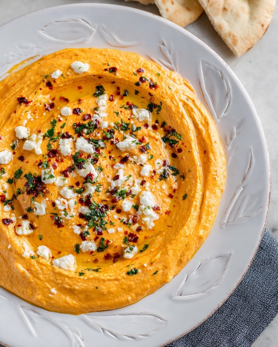 The dish is a single layer of thick, creamy orange spread placed in a white plate with a textured leaf design around the edge. The spread has a swirled pattern on its smooth surface that creates gentle peaks and valleys. Scattered on top are small chunks of white cheese, tiny dark red flakes, and chopped green herbs, adding texture and color contrast. The white marbled surface underneath the plate is partly visible along with some pieces of flatbread on the side. photo taken with an iphone --ar 4:5 --v 7