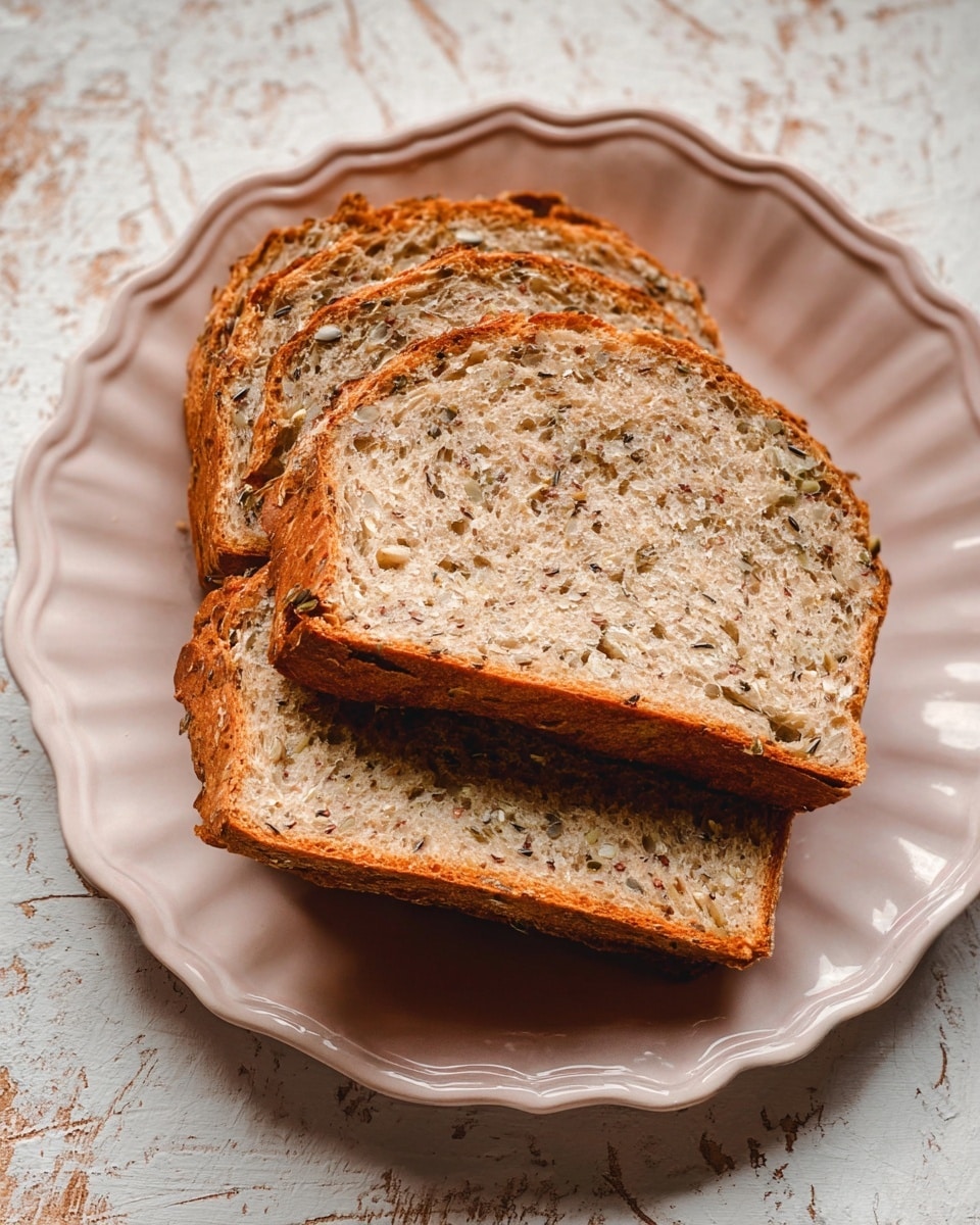 Four slices of seeded bread are stacked on a white scalloped plate. The bread has a light brown crust with a rough texture and is filled with seeds visible throughout the soft, speckled beige inside. The slices lean slightly to the side, showing the airy, porous structure of the bread. The plate is placed on a surface with a white marbled texture. photo taken with an iphone --ar 4:5 --v 7