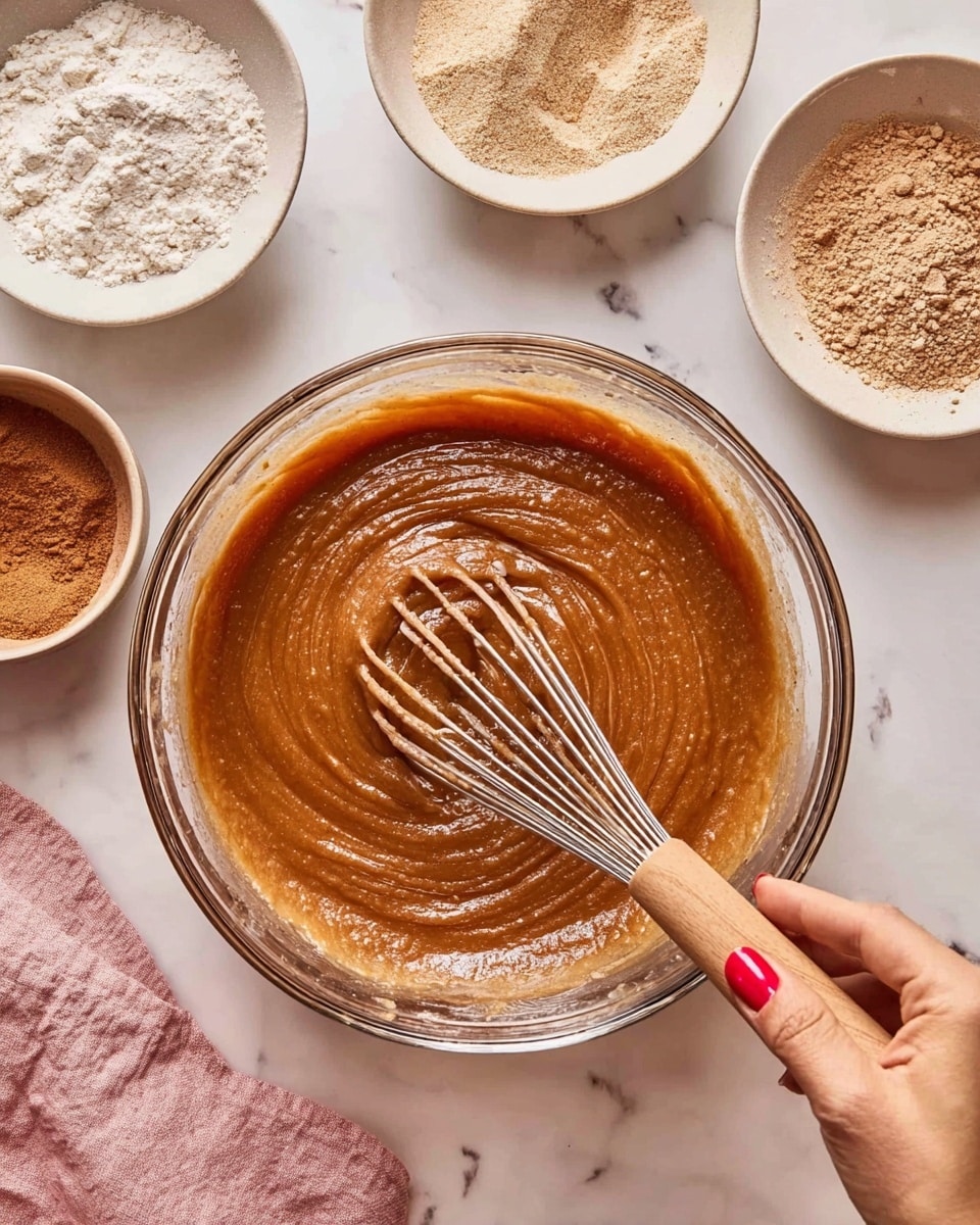 A clear glass bowl holds a thick, smooth, light brown batter with a glossy texture being mixed by a whisk with a wooden handle, held by a woman's hand with neatly painted red nails. Around the bowl are three white bowls containing light beige flour, a light brown creamy substance, and a small amount of darker brown powder, all placed on a white marbled surface. A light pink cloth is partially visible at the bottom left corner. photo taken with an iphone --ar 4:5 --v 7