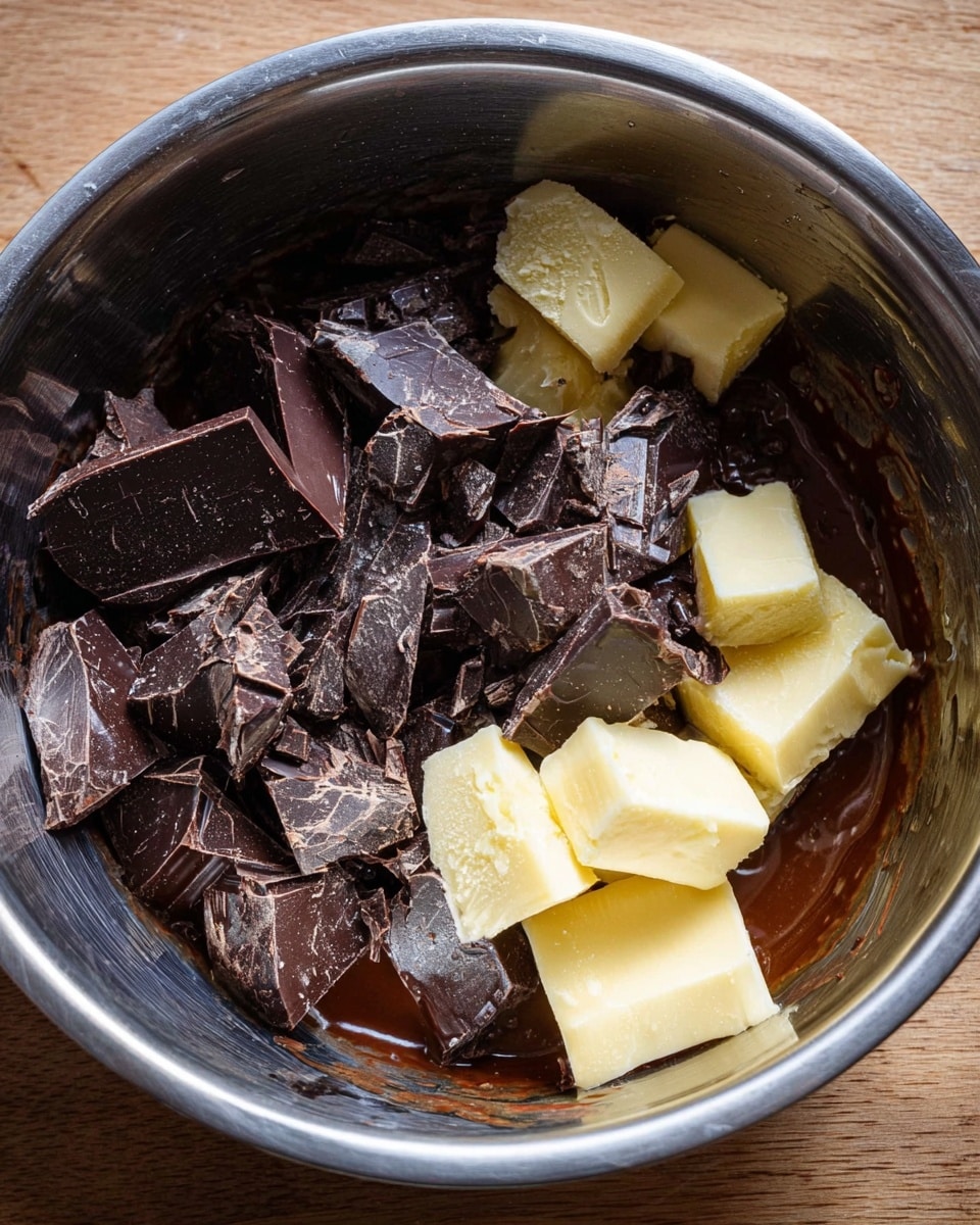 Inside a shiny metal bowl, there are broken dark chocolate pieces mixed with chunks of light yellow butter. The chocolate is dark brown and some parts are starting to melt, creating a smooth liquid texture at the bottom. The butter pieces are solid and creamy, sitting on top and around the chocolate. The bowl is placed on a wooden surface. photo taken with an iphone --ar 4:5 --v 7