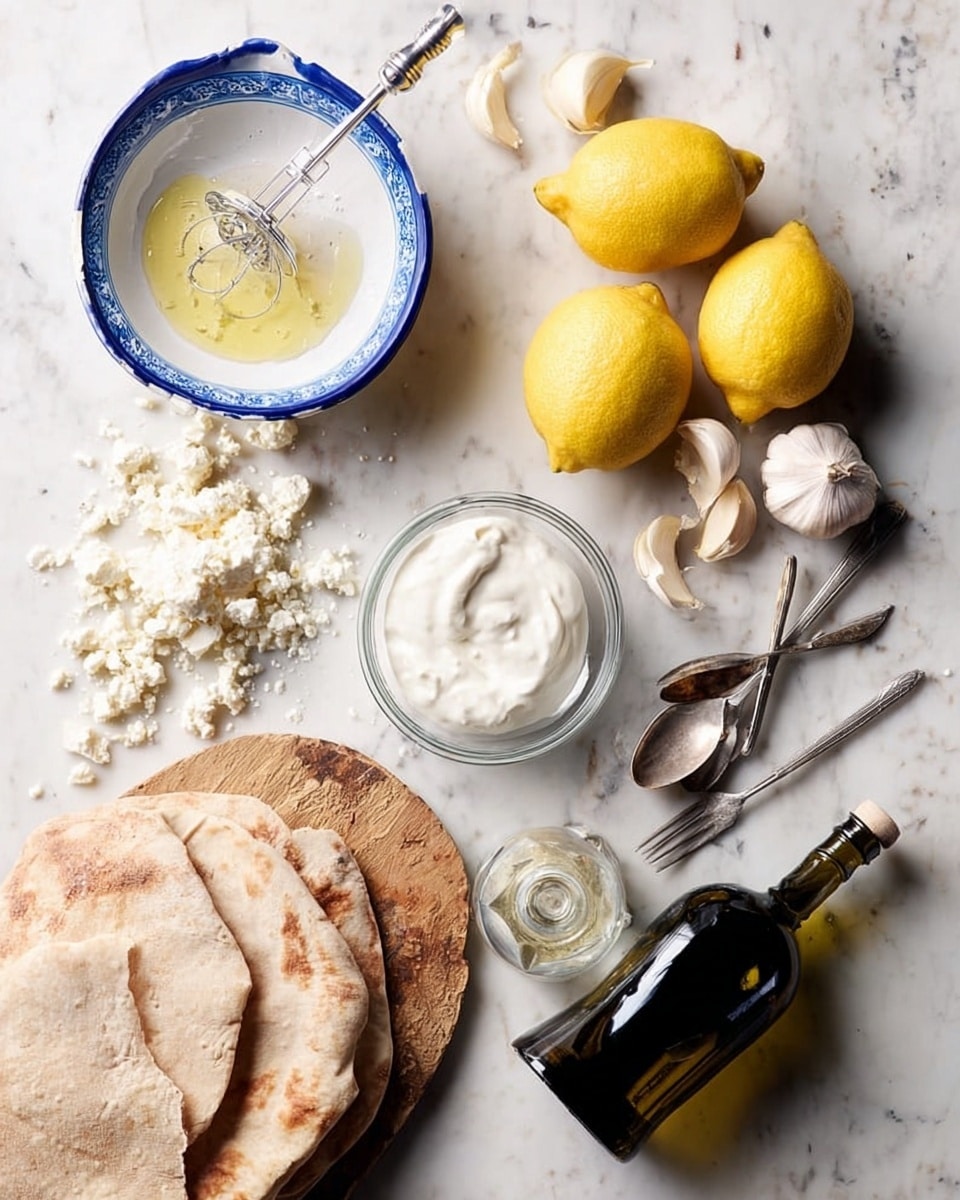 The image shows a white marbled surface with various ingredients arranged neatly. In the top left, there is a white bowl with a blue rim holding a lemon being squeezed on a clear reamer. To the right, three whole yellow lemons are placed, along with a cluster of garlic cloves, some peeled, near a set of silver measuring spoons. Below, a small glass bowl contains white creamy yogurt. A dark bottle, likely olive oil, stands next to the yogurt. On the bottom left, there are two pieces of brown pita bread stacked, next to a wooden board with crumbled white cheese and a silver fork resting on it. This setup shows fresh and simple ingredients ready for preparation photo taken with an iphone --ar 4:5 --v 7