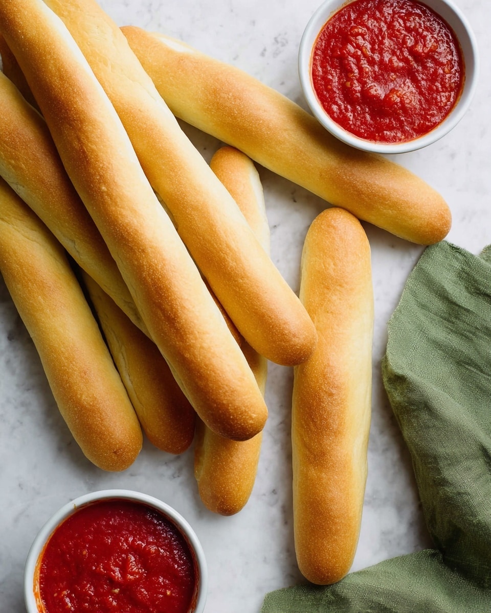 The image shows several long, golden-brown breadsticks with a smooth texture, arranged scattered on a white marbled surface. Next to the breadsticks are two small white bowls filled with vibrant red marinara sauce, which has a slightly thick texture with visible bits of tomato. A green cloth napkin is placed to the right side of the breadsticks, adding a soft contrast to the scene. The photo taken with an iphone --ar 4:5 --v 7