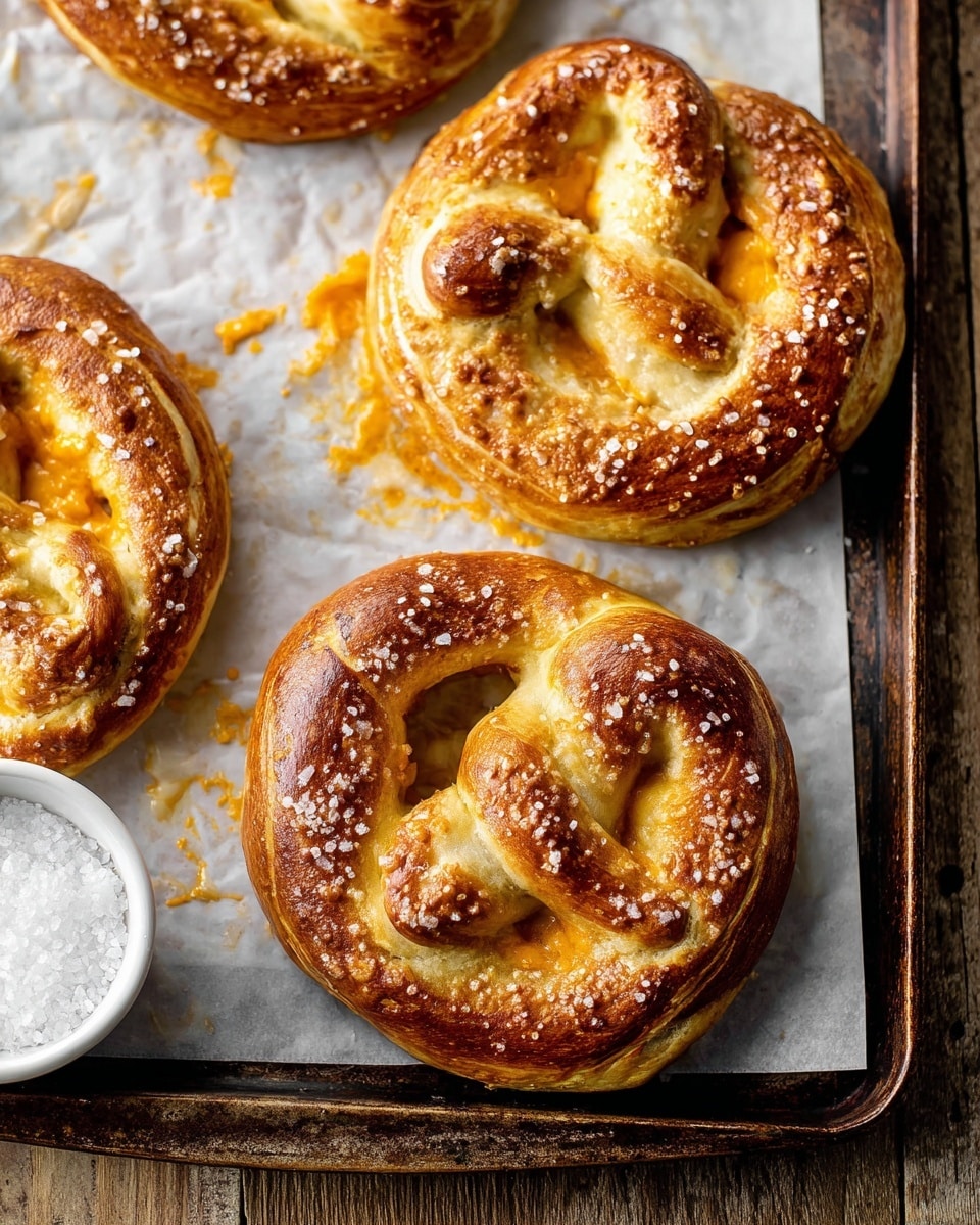 The image shows three golden brown pretzels on a white marbled textured baking sheet inside a dark metal tray. The pretzels have a shiny, slightly dark browned crust with visible coarse salt sprinkled on top. Underneath the pretzels, there are small patches of baked cheese pieces with crispy, orange edges. In the bottom left corner, there is a small white bowl filled with coarse salt. The baking tray is on top of a wooden surface. The photo taken with an iphone --ar 4:5 --v 7