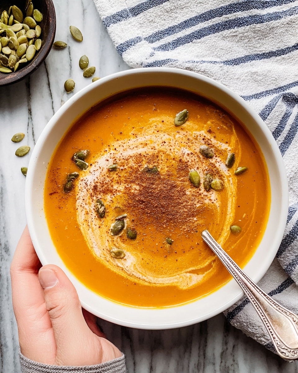 A white bowl filled with smooth orange soup swirled with a light cream top layer, sprinkled with a pile of brown spice powder and scattered green pumpkin seeds; a silver spoon dips into the soup near the bowl's edge, held by a woman's hand, all placed on a white marbled surface with a white and blue striped cloth nearby and some pumpkin seeds in a black bowl at the top left corner of the image photo taken with an iphone --ar 4:5 --v 7