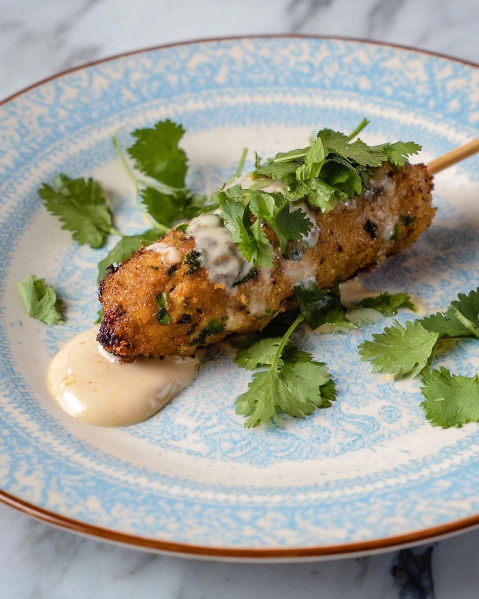 A single skewer with a golden-brown, textured fried item speckled with green herbs is placed on a white plate with light blue patterns and a thin brown rim. The skewer is topped with a creamy, light-colored sauce that drips onto the plate. Fresh green cilantro leaves are scattered around the skewer and on top of the sauce, adding a bright green contrast. The background is a white marbled texture. photo taken with an iphone --ar 4:5 --v 7
