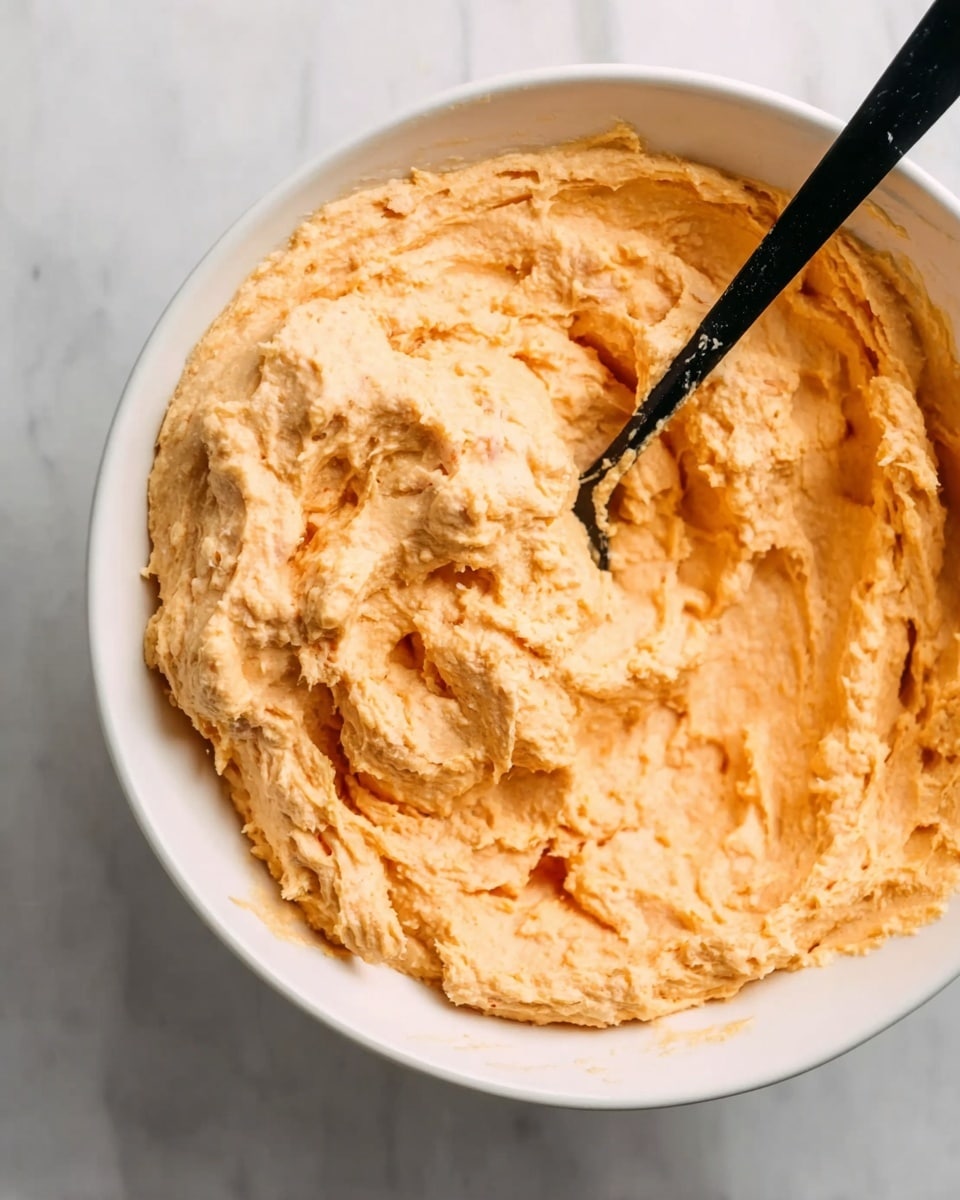 The image shows a close-up of a white bowl filled with a thick, creamy mixture that is light orange in color with a slightly rough texture. The mixture looks soft and well-blended with some small lumps and swirls visible on the surface. A black spoon is placed inside the bowl, partly covered by the mixture, and the bowl is sitting on a white marbled surface. photo taken with an iphone --ar 4:5 --v 7