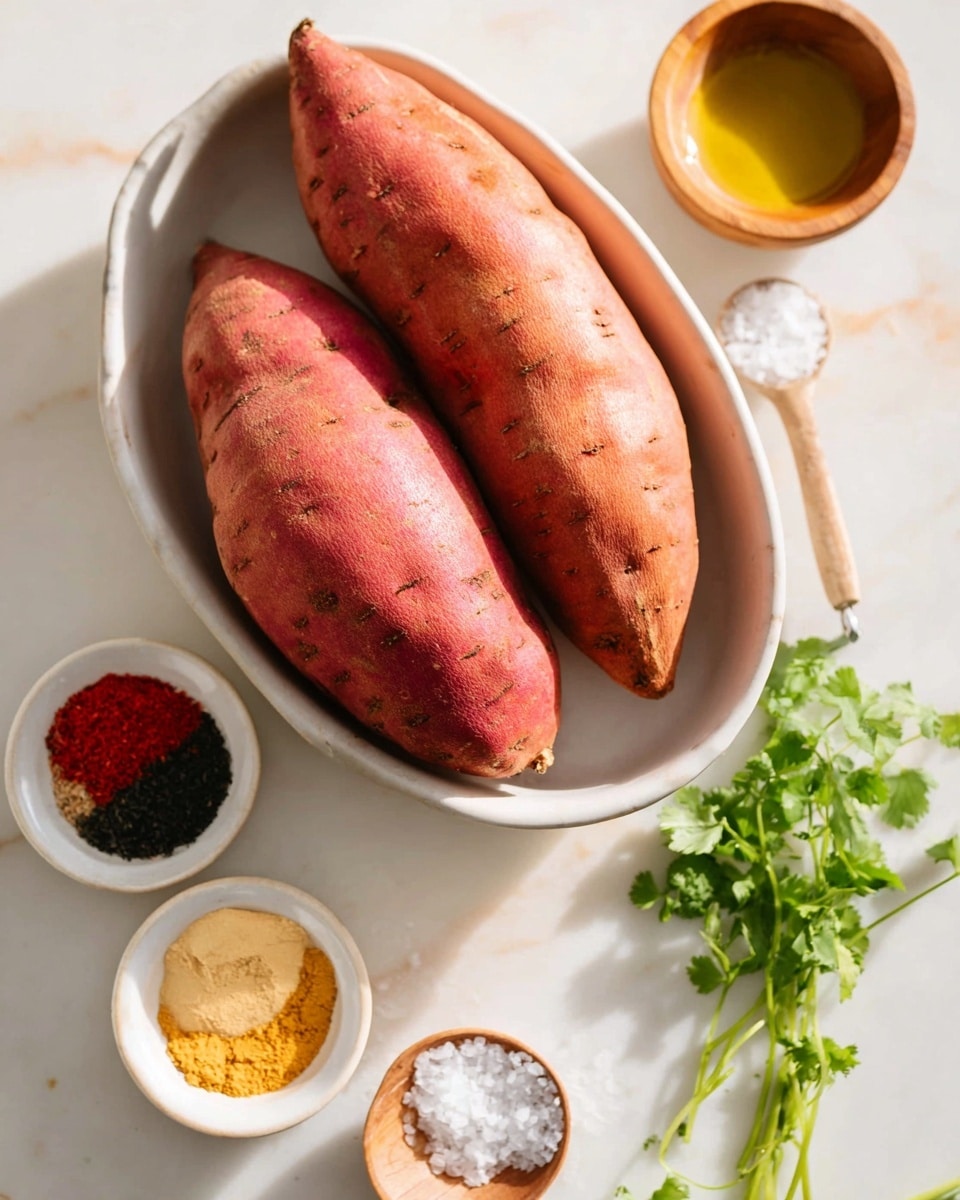 The image shows two large raw sweet potatoes with reddish skin placed side by side in a white oval dish. Around the dish, there are small white bowls with colorful spices: one bowl holds red, black, and pale yellow powders, while another contains a light yellow powder. There is a small wooden bowl with a golden liquid, likely oil, near the top right. A sprig of fresh green herbs is also visible on the white marbled surface alongside a small spoon with a wooden handle and a white scoop filled with salt. The overall scene is bright with natural light highlighting the textures. Photo taken with an iphone --ar 4:5 --v 7