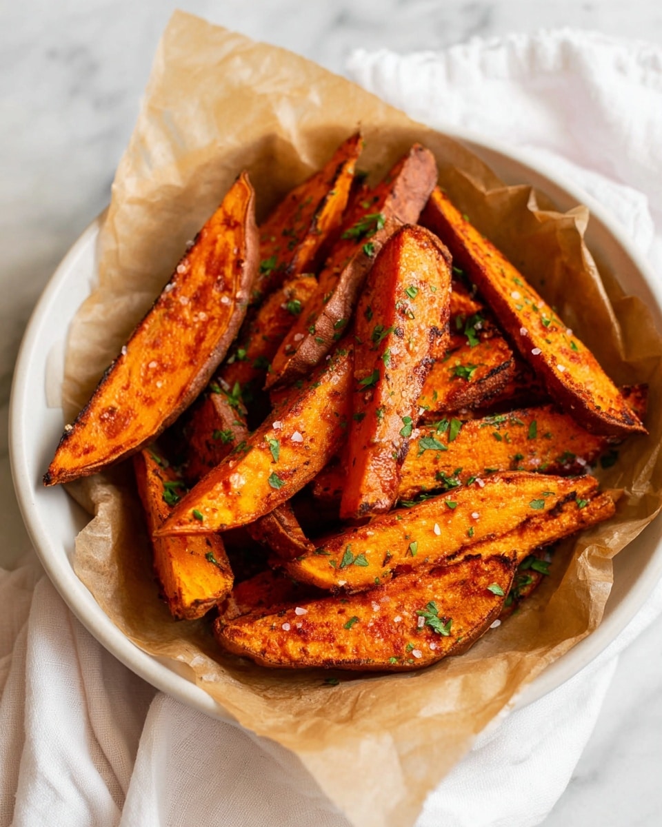 A bowl filled with crispy sweet potato wedges, showing about two layers. The wedges have a bright orange color with a slightly charred texture on the edges, some sprinkled with small bits of green herbs and coarse salt. They sit on crumpled brown parchment paper inside a white bowl. The bowl is placed on a white marbled surface, and a white cloth is partly visible to the side. photo taken with an iphone --ar 4:5 --v 7