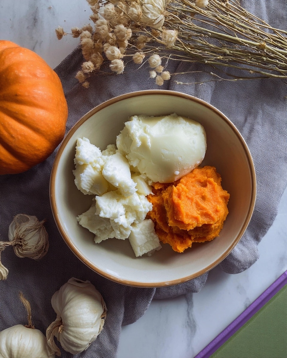 A top view of a white bowl with a light brown rim holding three piles of soft white chunks and one bright orange scoop of mashed pumpkin placed on the right side, all on a white marbled surface covered by a gray cloth underneath the bowl. Around the bowl, there is an orange pumpkin at the bottom, a white bulb-shaped object on the left, some fuzzy beige dried flowers on the bottom right, and a green book with a purple edge near the bowl. photo taken with an iphone --ar 4:5 --v 7