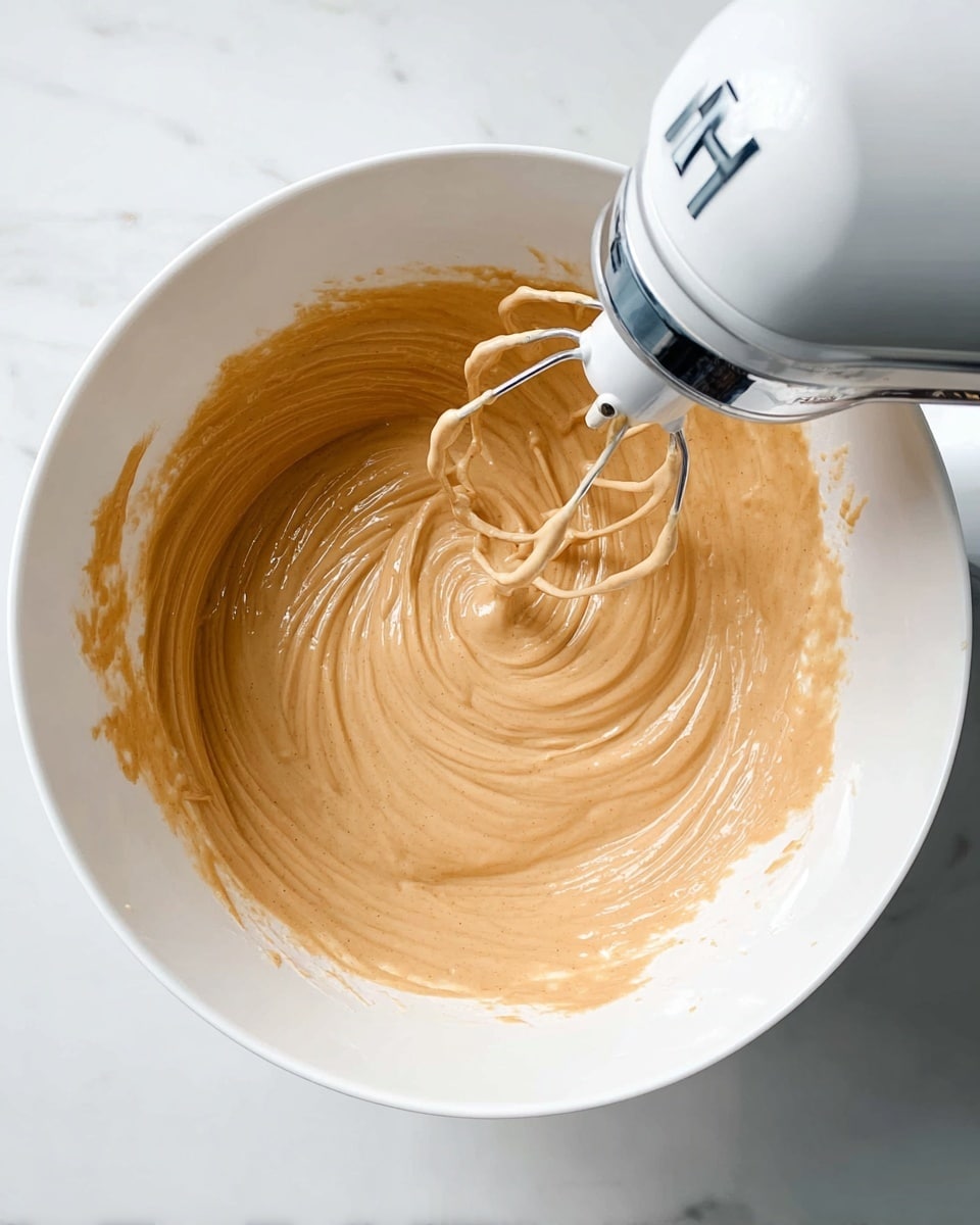 A white mixing bowl filled with creamy, smooth light brown batter being mixed by a white electric hand mixer with a metal whisk attachment; the batter has a thick, glossy texture and swirls forming in the center as the mixer moves through it, sitting on a white marbled surface. photo taken with an iphone --ar 4:5 --v 7