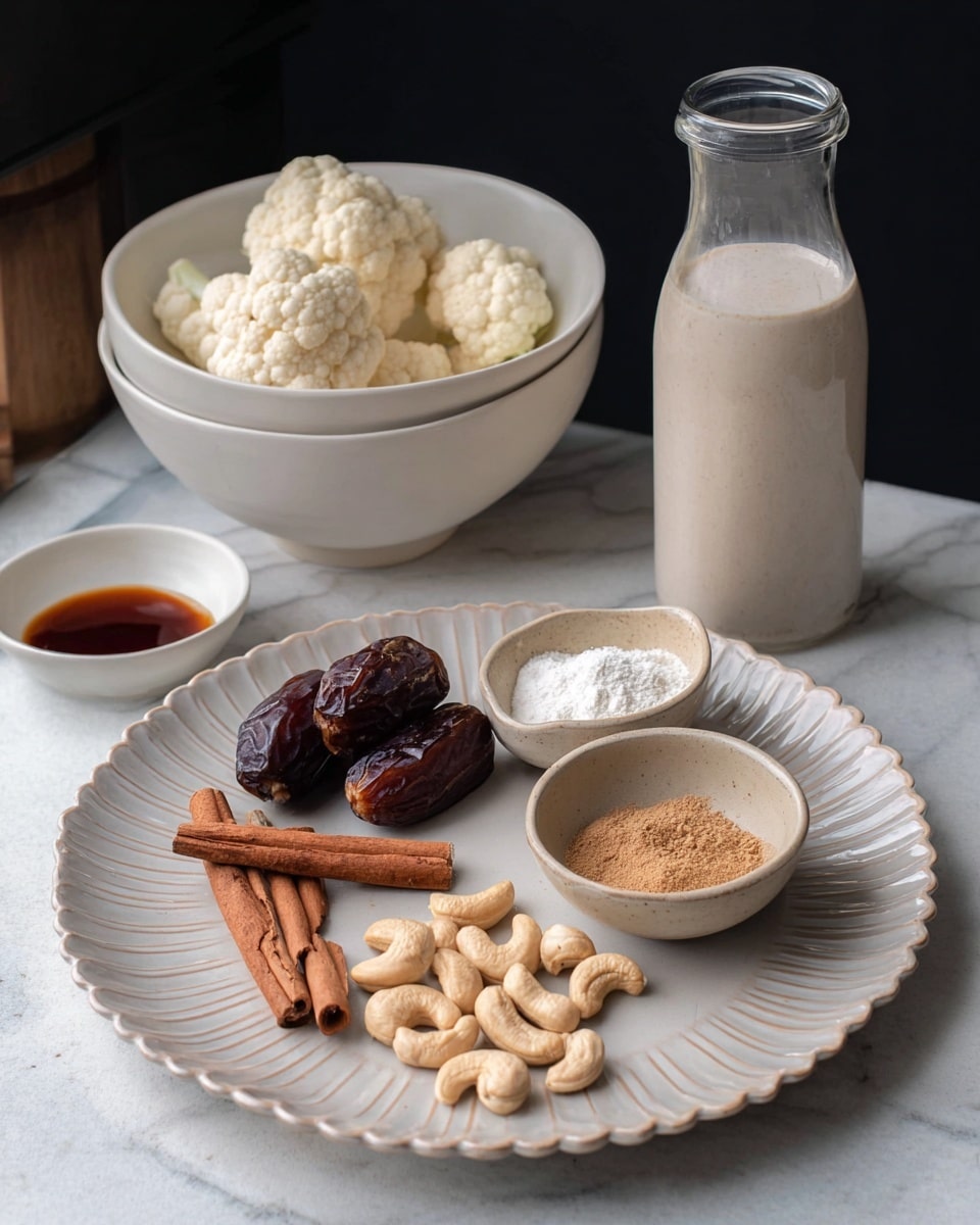 A white scalloped plate holds several ingredients arranged neatly: a small pile of pale beige cashews at the front, three dark brown dates on the left, a small beige bowl filled with white powder on the right, and a smaller beige dish with ground light brown cinnamon in the center back. Outside the plate, on the left, there is a small white dish with dark brown liquid and two whole cinnamon sticks placed next to it. Behind the plate, a white bowl filled with several ivory-colored cauliflower florets sits on a white marbled surface. To the right of the bowl, a clear glass bottle containing cream-colored liquid stands upright. The background is dark, and the photo is taken with an iphone --ar 4:5 --v 7