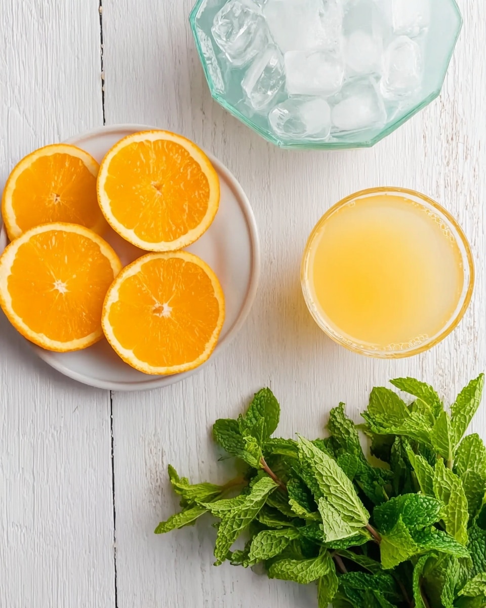 The image shows a top view of a white wooden table with a small white plate holding four bright orange slices arranged in a circular pattern on the upper left side. Below the plate, there is a bunch of fresh green mint leaves with a textured leafy surface. To the right, there are two clear glass cups filled with light yellow-orange juice, one placed slightly above the other. Above the lower cup, there is a glass bowl with ice cubes and a white marbled surface background. The colors include vibrant orange, fresh green, and pale yellow, creating a fresh and bright look. Photo taken with an iphone --ar 4:5 --v 7