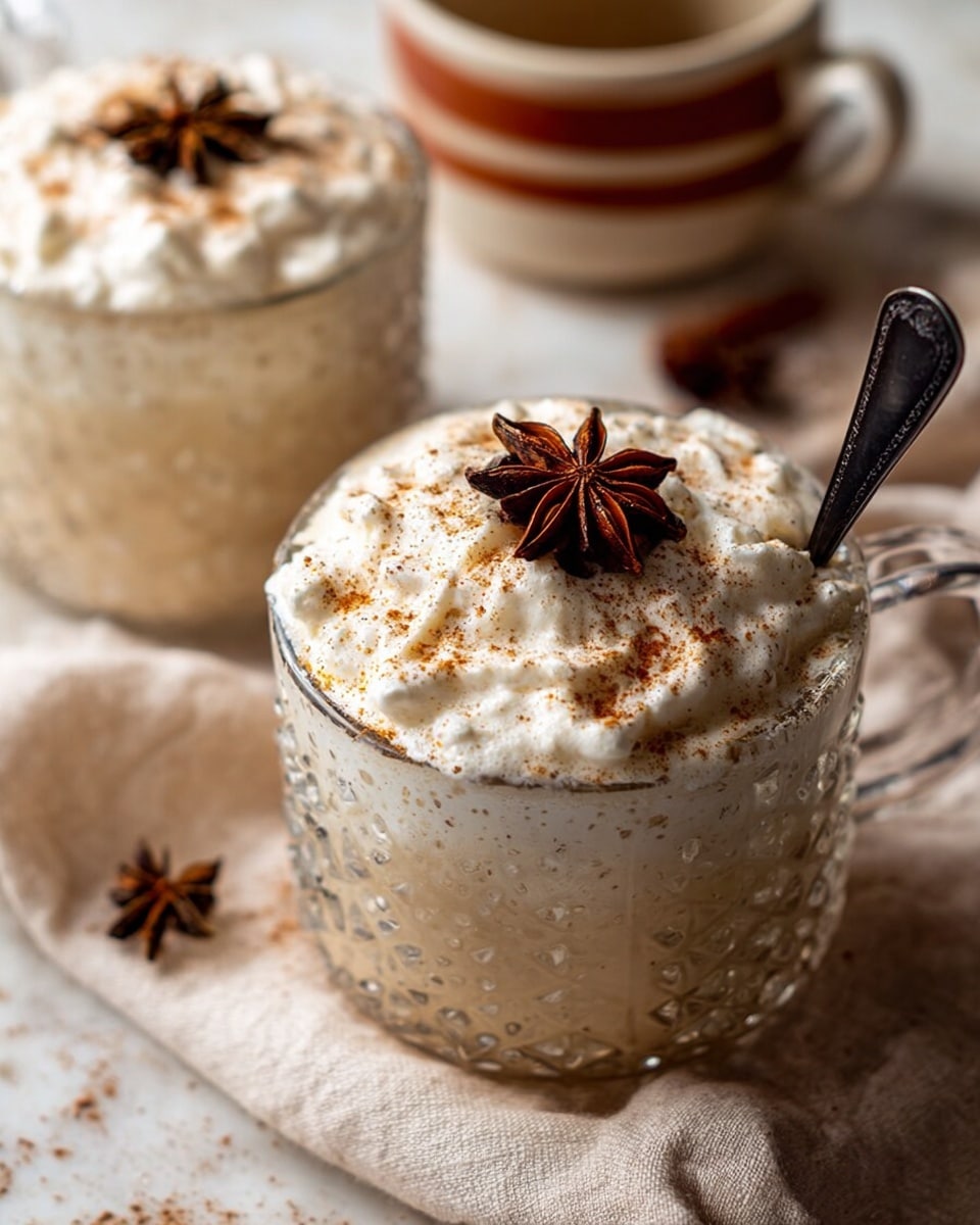 The image shows two clear textured glass mugs filled with a creamy drink topped with a thick layer of white whipped cream that looks fluffy and smooth. The whipped cream is sprinkled lightly with a brown powder, likely cinnamon or nutmeg. One glass has a shiny dark spoon resting inside, and a single dark brown star anise sits on top of the whipped cream as decoration. Both mugs sit on a beige cloth on a white marbled surface, and in the background, there is a blurred ceramic cup with brown and red stripes. photo taken with an iphone --ar 4:5 --v 7