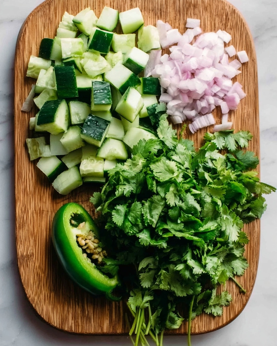 The image shows a wooden cutting board on a white marbled surface with three types of fresh ingredients neatly placed. At the top, there are bright green cucumber pieces cut into small chunks with dark green skin and pale green inside. Below the cucumber, there are small pale pink pieces of chopped shallots arranged in a small pile. To the right side, there is a dense bunch of fresh bright green cilantro leaves with stems. In the bottom left corner, a green chili pepper is sliced open to reveal seeds inside with a woman's hand holding it gently. photo taken with an iphone --ar 4:5 --v 7