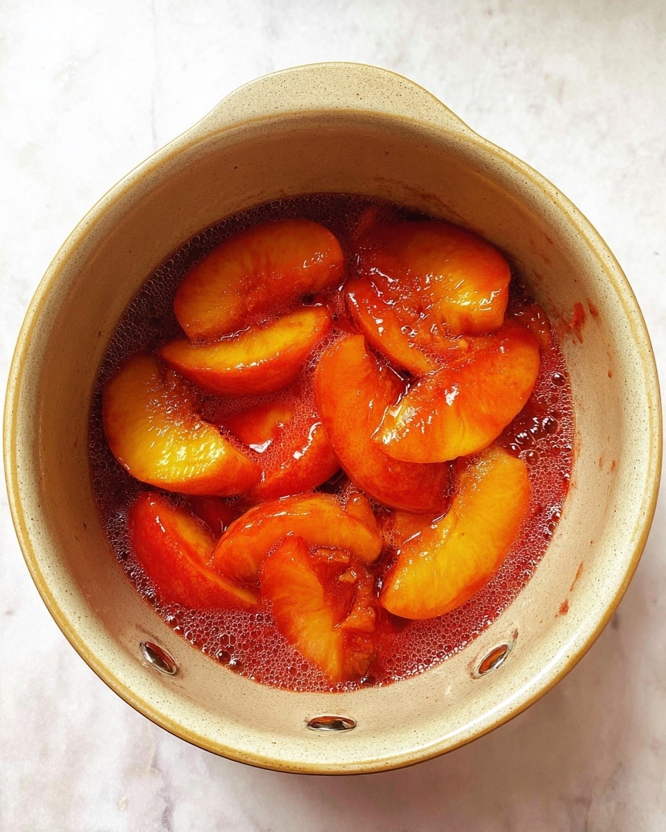 The image shows a top view of a beige pot filled with soft cooked peach slices in a bubbly red-orange liquid. The peaches look tender with caramelized parts, partially submerged in the thick juice. The pot has two small metal rivets on the side. The scene is set on a white marbled texture surface. photo taken with an iphone --ar 4:5 --v 7