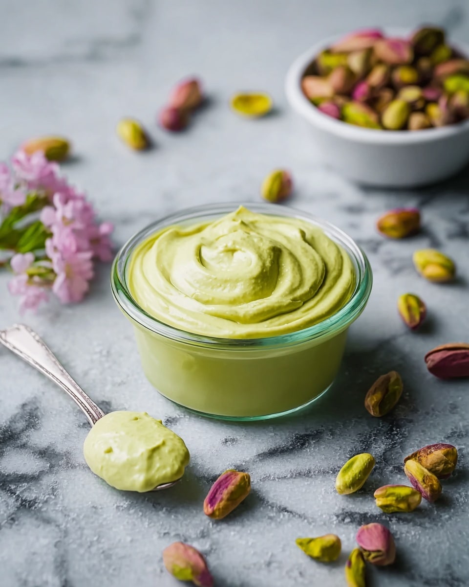 The image shows a small clear glass bowl filled with smooth, creamy, pale green pistachio cream with a soft swirl pattern on top. Around the bowl on a white marbled surface, there are scattered unshelled pistachios, some with pinkish and green tones. In the background, there is a small white bowl holding more shelled pistachios, blurred slightly to create depth. A silver and white spoon lies near the glass bowl with a dollop of the same light green cream on it. A few small pink flowers add a gentle touch of color to the scene. Photo taken with an iphone --ar 4:5 --v 7