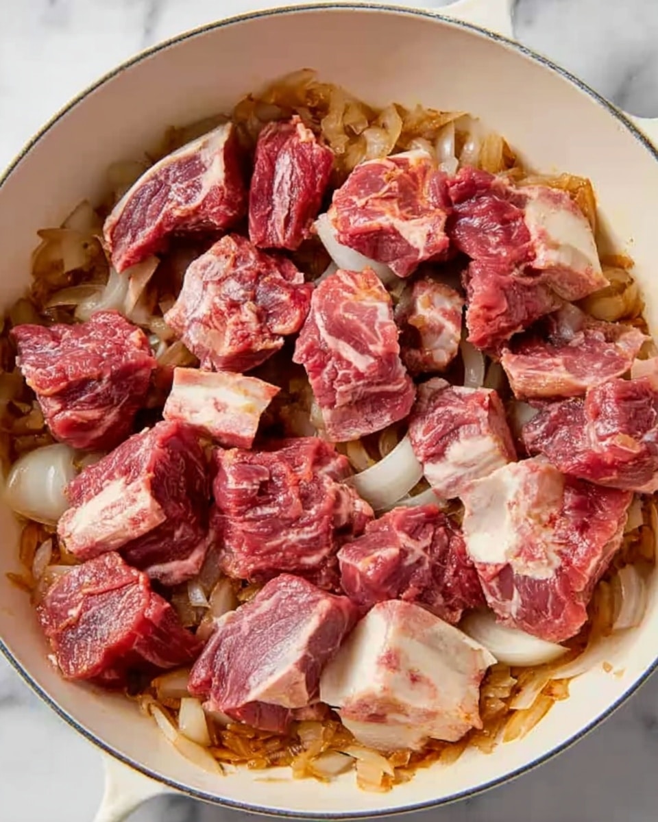The image shows a white pan filled with a single layer of cooked onions at the bottom, their color is a soft golden brown with a slightly translucent texture. On top of the onions are chunks of raw meat arranged in a circle and some in the middle, with various shapes and irregular sizes. The meat is red with visible marbling of fat and some white bone pieces. The pan sits on a white marbled surface. photo taken with an iphone --ar 4:5 --v 7